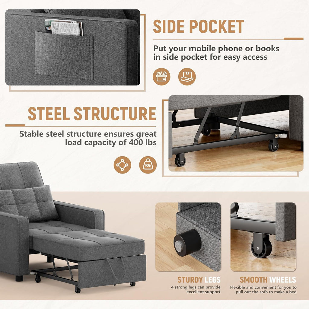 Flamaker Sofa Bed, Sleeper Sofa 3-in-1, Adjustable Couch Bed with Modern Linen Fabric, Convertible Sleeper Chair, Couches for Living Room, Apartment and Small Space (Graphite Gray)