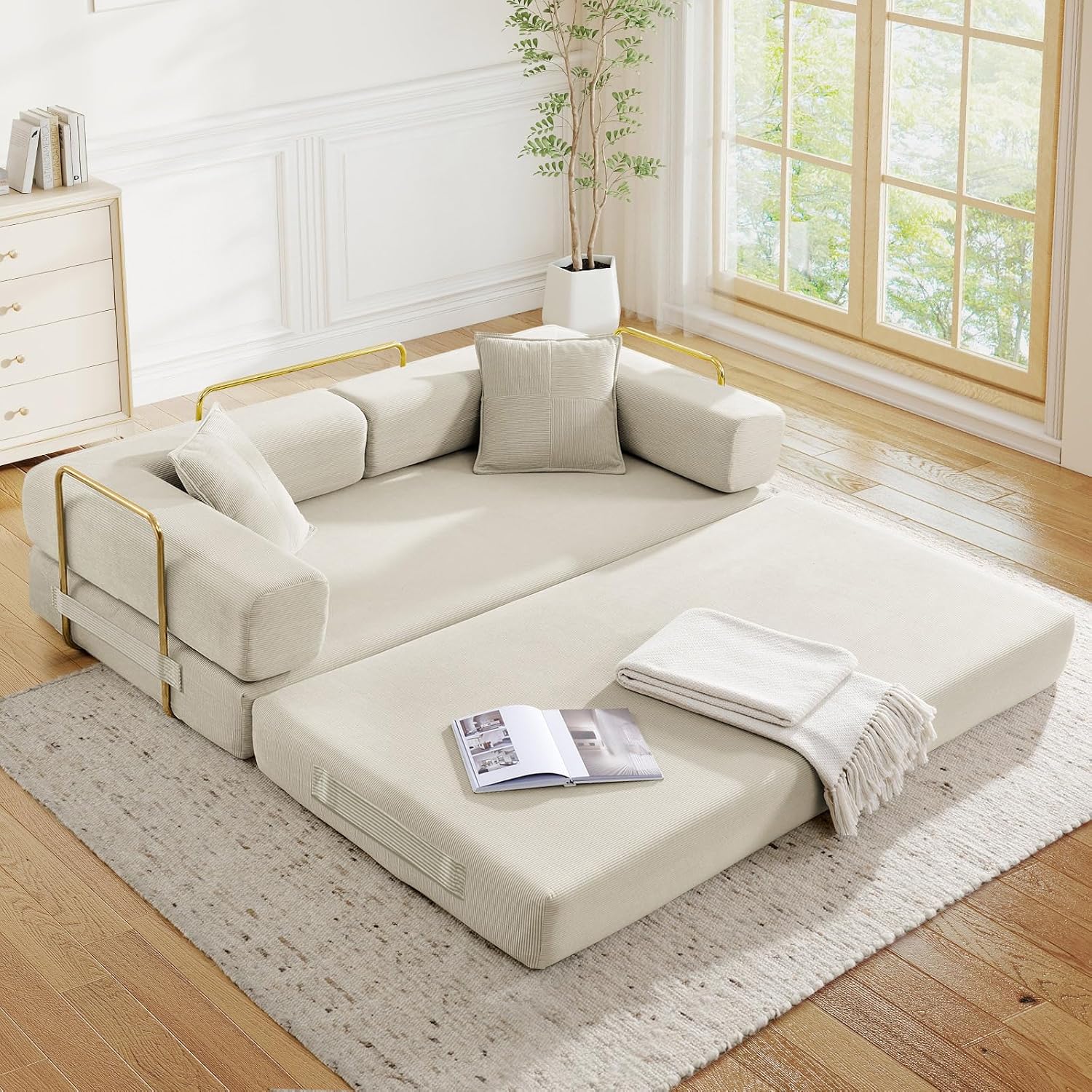 Antetek Modular Couch Bed, Convertible Folding Plush Corduroy Comfy Floor Memory Foam Compression Loveseat Sleeper Sofa Couch, King Size Bed for Guest Room Living Room Bedroom, No Assembly, Cream