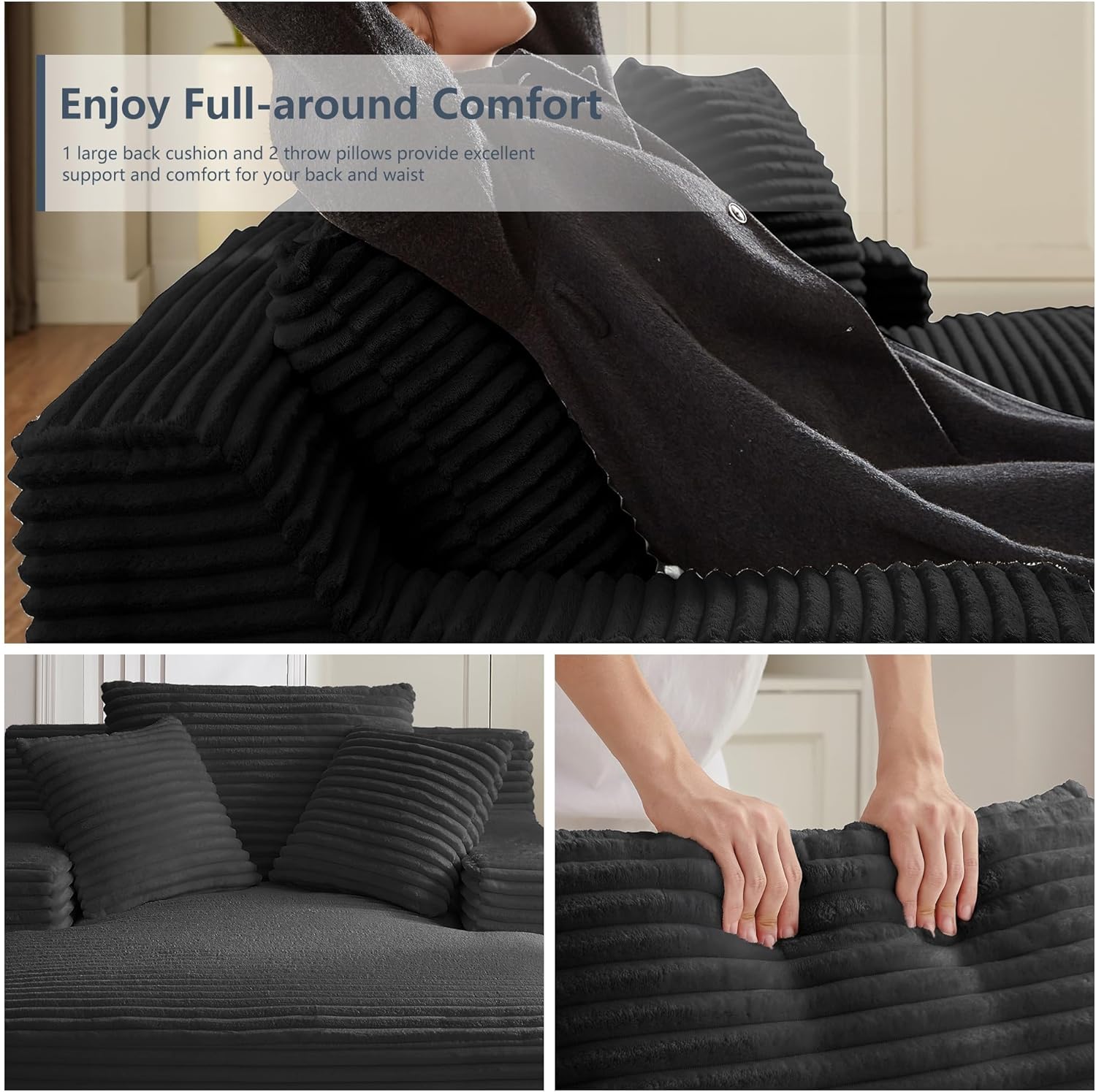 Tmsan 50' Oversized Chaise Lounge Sofa Chair Indoor, Modern Corduroy Sleeper Sofa Cloud Couch with 3 Soft Pillows, Comfy Single Seat Floor Sofa for Living Room Apartment Office, Black