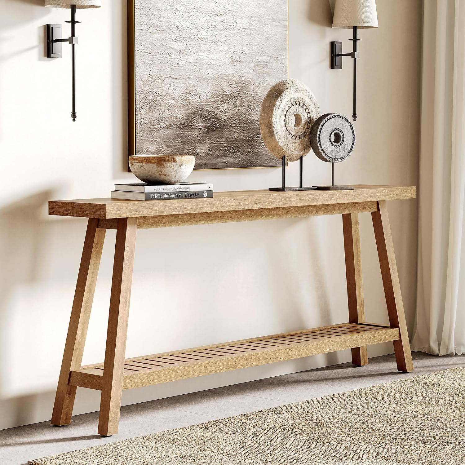 LITTLE TREE 70.9 Inches Extra Long Console Table for Entryway, 2-Tier Narrow Wood Sofa Table Behind Couch, Large Sofa Table for Living Room, Light Brown Hallway Entry Table with Storage