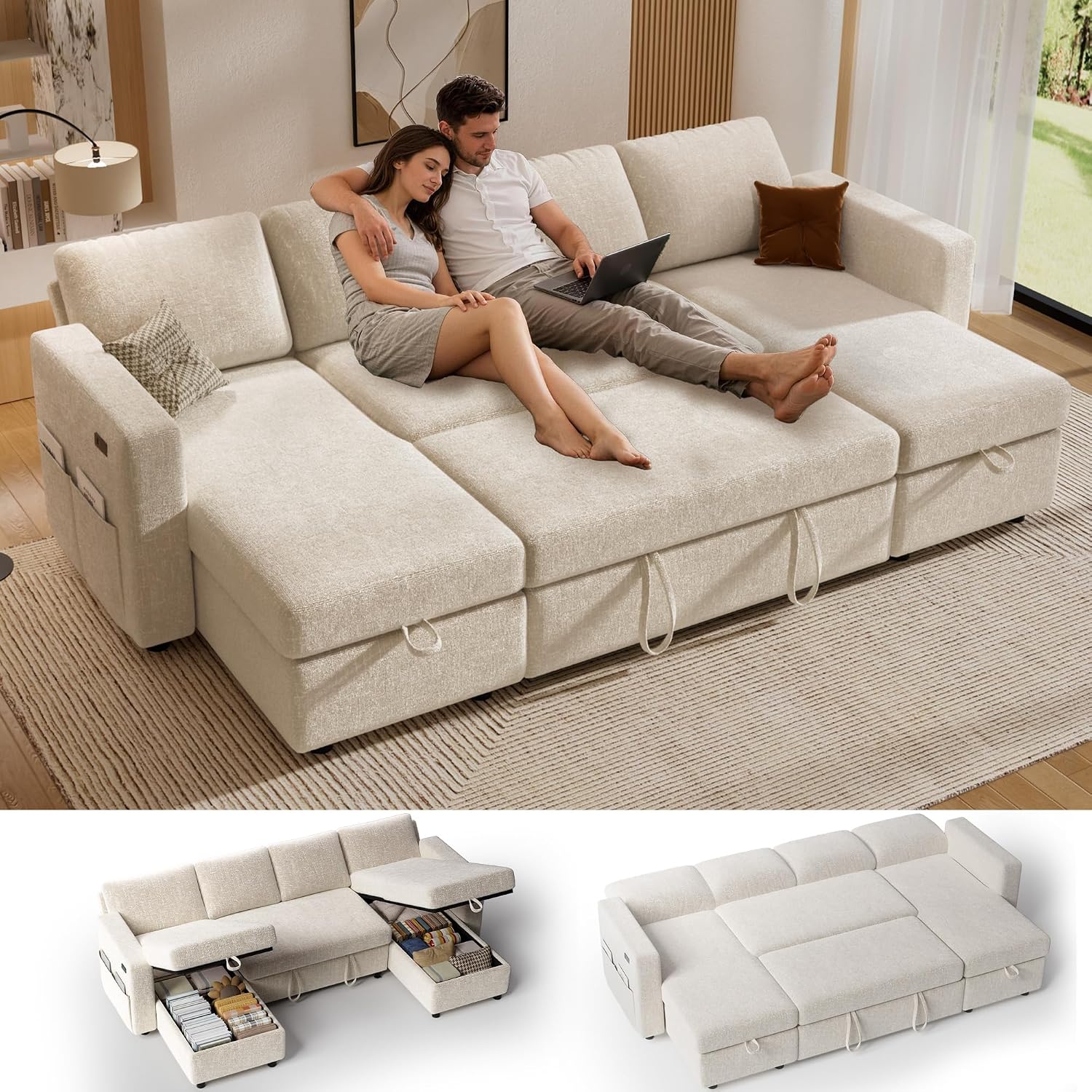 Vipbear 106' Sectional Sleeper Sofa with Pull Out Bed, U Shaped Couch Sleeper Sofa Bed, Pull Out Couch with Reclining Backrest, Double Storage Chaise, USB Ports, Tool-Free Assembly, Chenille Beige