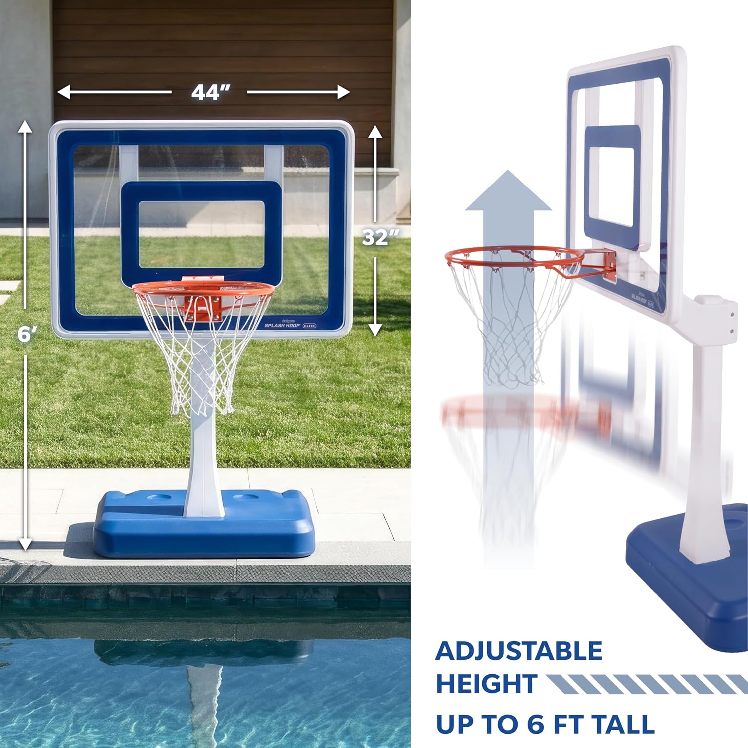 GoSports Splash Hoop Elite - Adjustable Height or Fixed Post - Pool Hoop Basketball Game with Water Weighted Base, Regulation Steel Rim and 2 Pool Basketballs