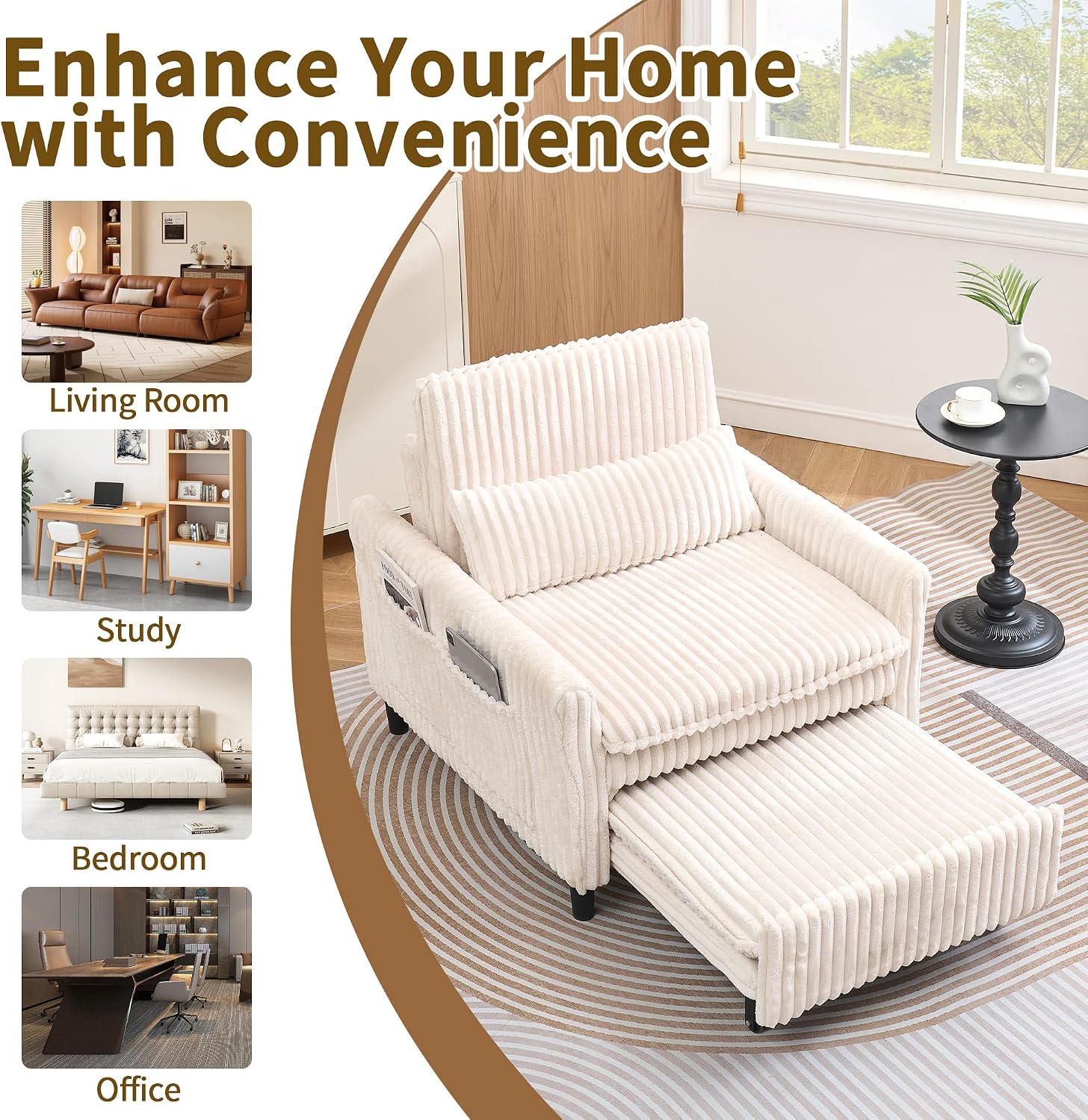 Majnesvon Modern Corduroy Fabric Sofa Bed Futon,3 in 1 Convertible Pullout Sleeper Couches with 3 Reclining Backrests,Small Sofa Chair Bed for Living Room Bedroom (White)
