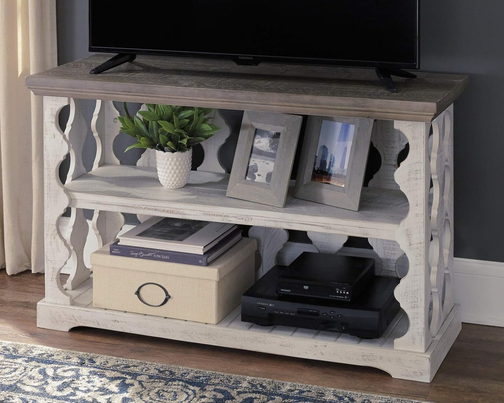 Signature Design by Ashley Havalance Farmhouse Console Sofa Table, Fixed Shelf, Pine Wood, 45.5' W x 17.25' D x 27.88' H, Distressed Finish, Gray & White