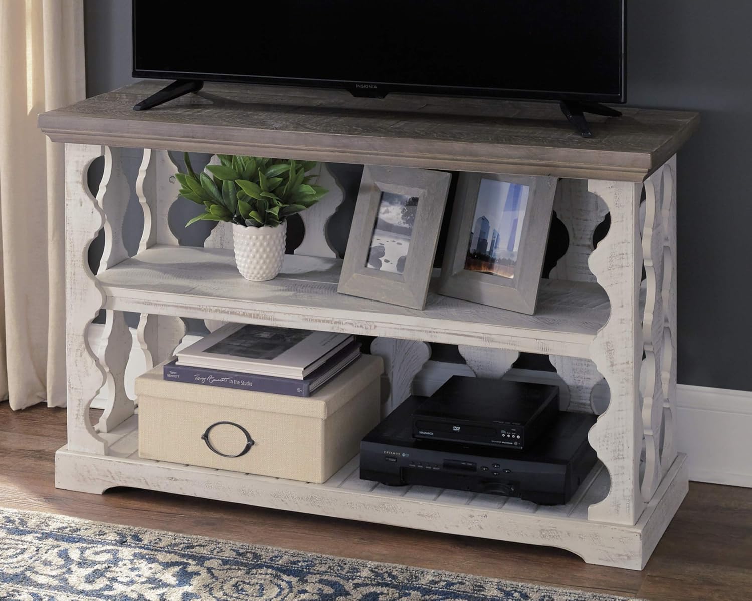 Signature Design by Ashley Havalance Farmhouse Console Sofa Table, Fixed Shelf, Pine Wood, 45.5' W x 17.25' D x 27.88' H, Distressed Finish, Gray & White