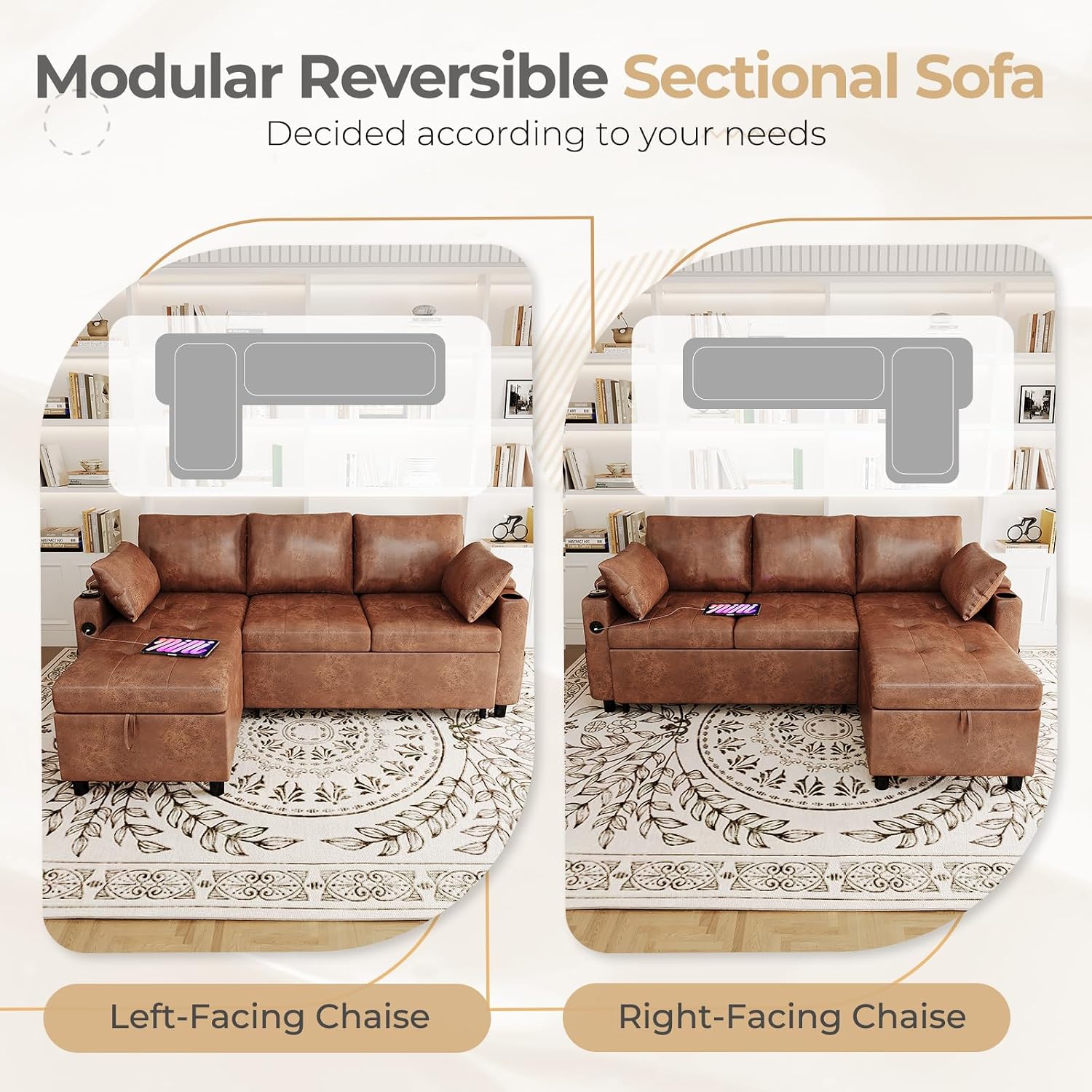 Esright Sleeper Sofa Bed, 3-in-1 Pull Out Couch with Reversible Chaise, Leather Sleeper Sofa with Storage, USB, Cup Holder, Pullout Sectional Couches for Apartment Living Room, Brown