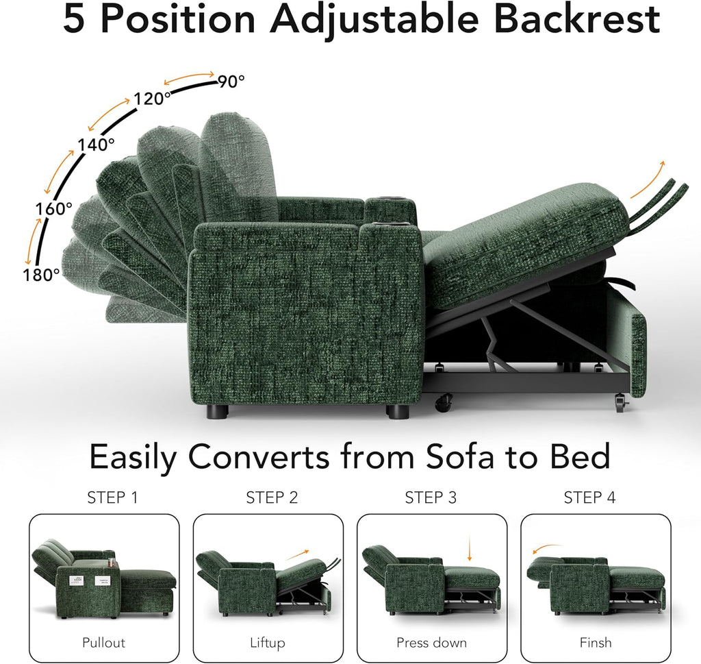 Sunny Heart L-Shaped Sleeper Sofa with Pull Out Bed, 82' Sectional Couch with Reclining Backrest, Reversible Storage Chaise, Armrest Storage, Cup Holders, and Side Pockets, Tool-Free Assembly, Green