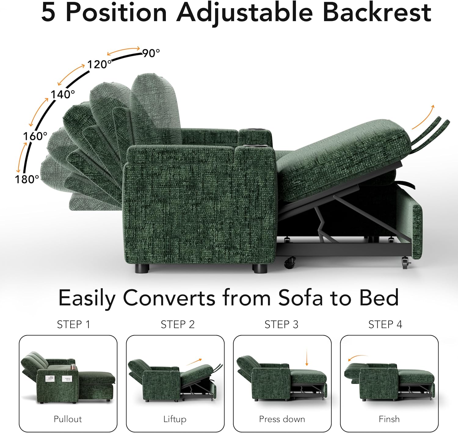 Sunny Heart L-Shaped Sleeper Sofa with Pull Out Bed, 82' Sectional Couch with Reclining Backrest, Reversible Storage Chaise, Armrest Storage, Cup Holders, and Side Pockets, Tool-Free Assembly, Green