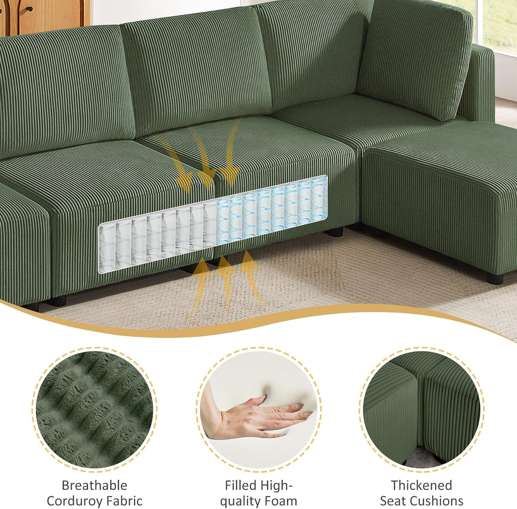 123.6' Modular Sectional Sofa, Corduroy Reversible Small Sectional Sofa Bed with Chaise, 4 Seater Convertible Modular Loveseat Single Sofa Set Free Combination Couch for Living Room Bedroom Apartments