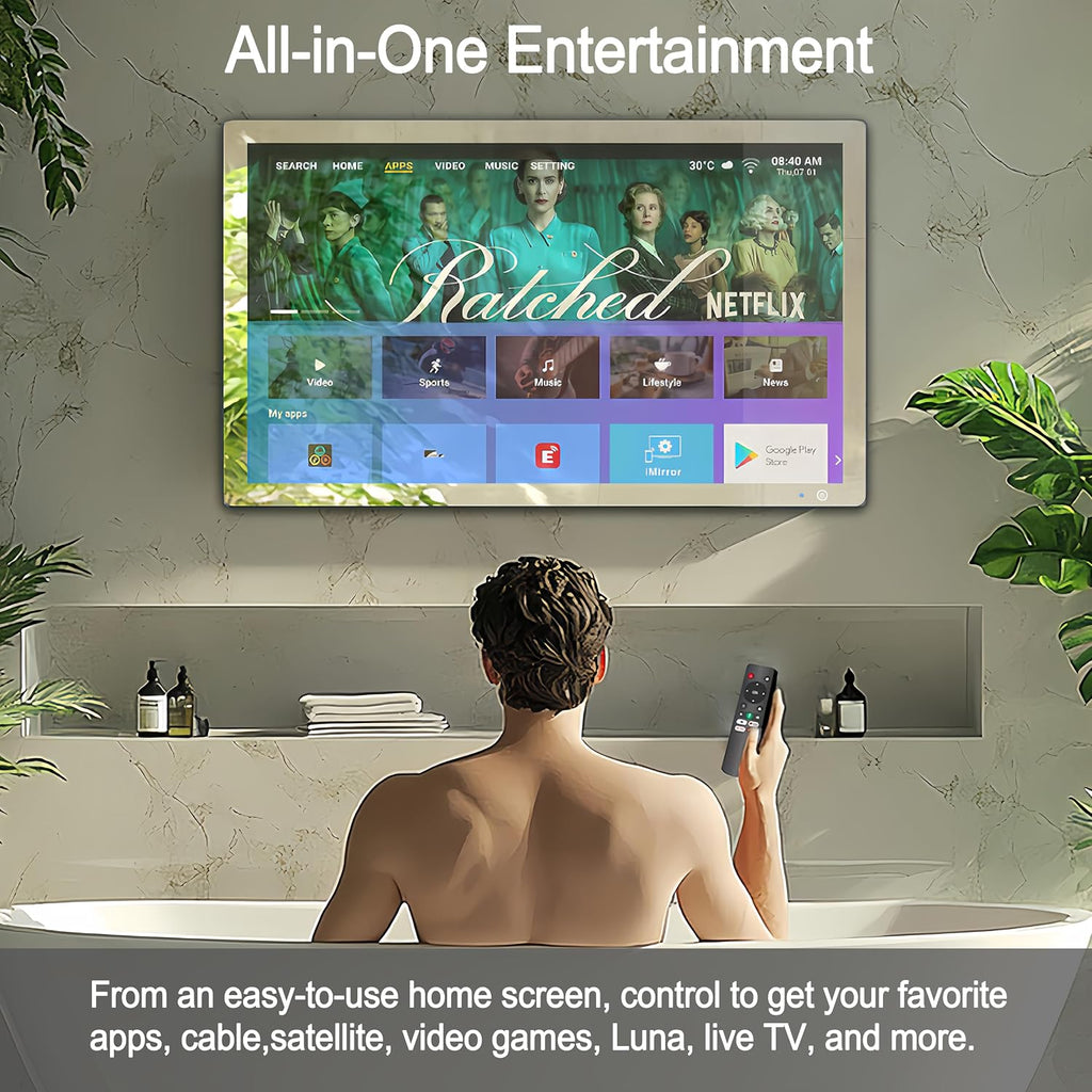 Haocrown 32' 4K Ultra HD Smart Bathroom Mirror TV, IP66 Waterproof, Android 13 System with Voice Remote,ATSC Tuner, 500 cd/㎡ High Brightness (Black Frame, 2025 Model)