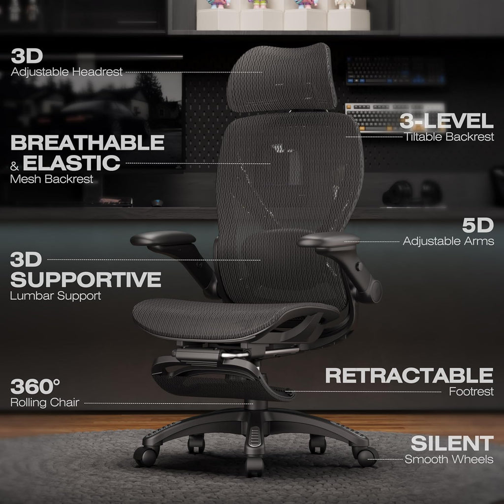 ELABEST X100 Ergonomic Mesh Office Chair with Footrest, Big and Tall Hone Desk Chair with 5D Flip-Up Arms, Adjustable 3D Lumbar Support,Gaming & Executive Computer Chairs (Night Reaper)