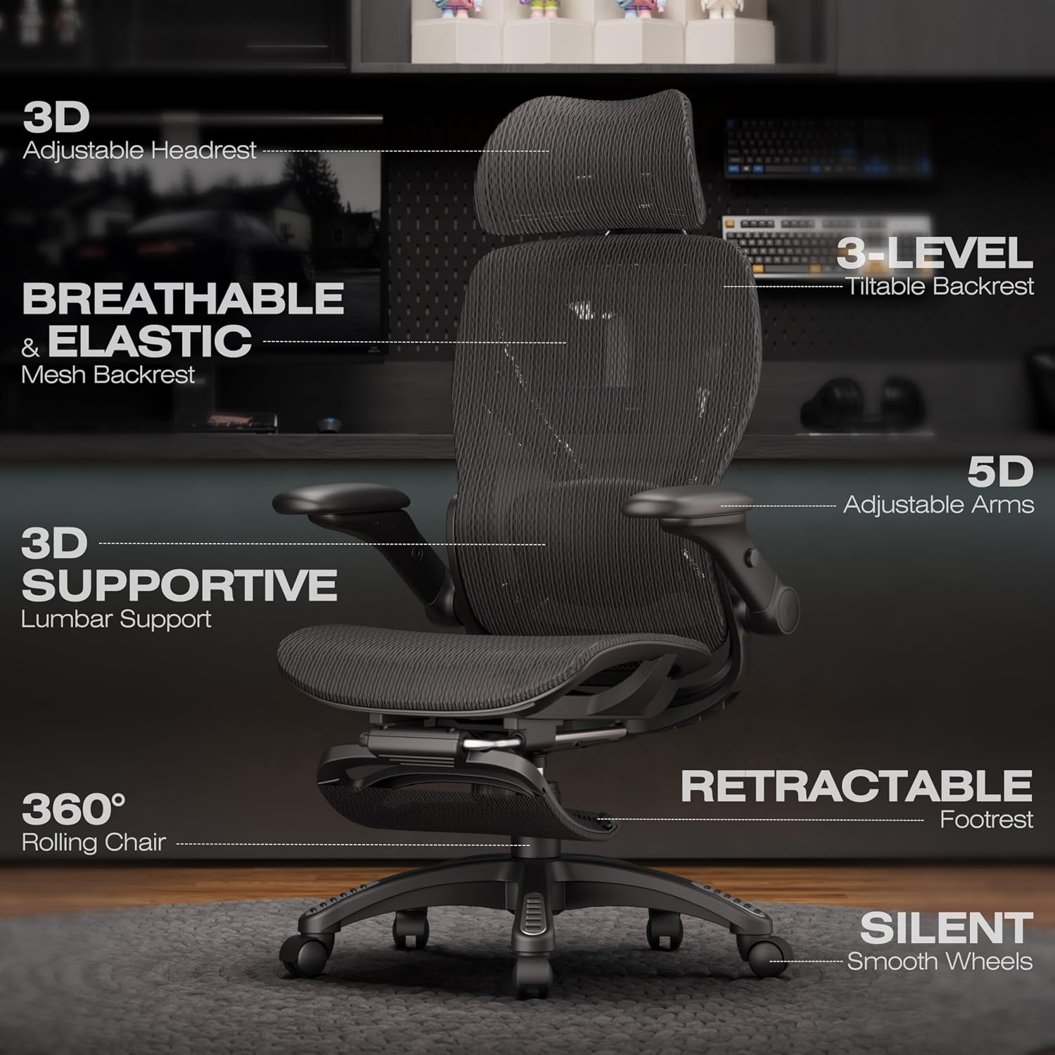 ELABEST X100 Ergonomic Mesh Office Chair with Footrest, Big and Tall Hone Desk Chair with 5D Flip-Up Arms, Adjustable 3D Lumbar Support,Gaming & Executive Computer Chairs (Night Reaper)