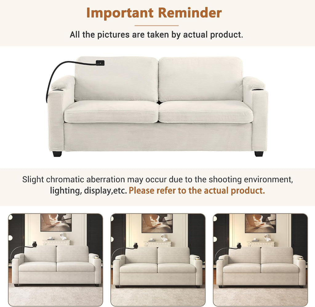 Merax Pull-Out Sleeper Sofa Bed with Full Size Mattress and Two Side Pockets, 3 in 1 Foton Couch with USB Ports | Phone & Cup Holders, Corduroy Loveseat for Living Room, Beige
