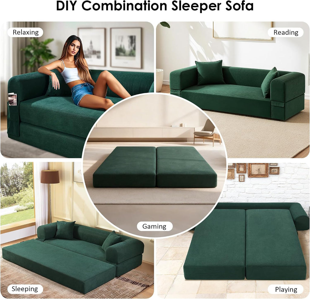 80' Convertible Sofa Bed, 3-in-1 Corduroy Folding Pull Out Couch with Pillows, No Assembly Modern Boneless Couch Compression Sofa in Box, Floor Sofa with Side Storage Pocket for Living Room,Dark Green
