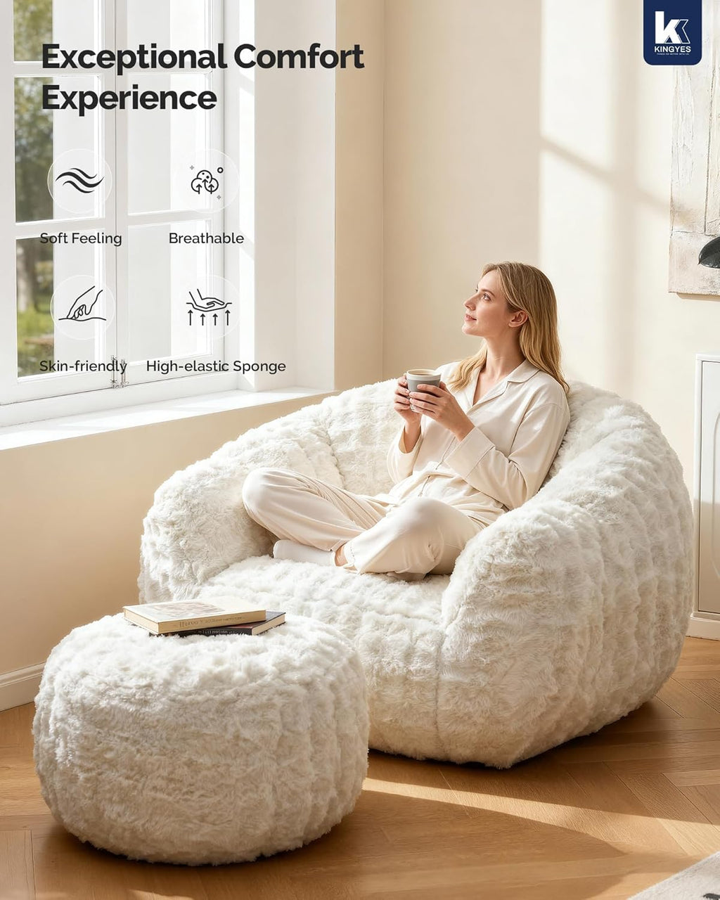 KINGYES Giant Bean Bag Chair, Fluffy Bean Bag Chair with Armrest, Memory Foam Beanbag for Adults, Beige(Pillow not Included)