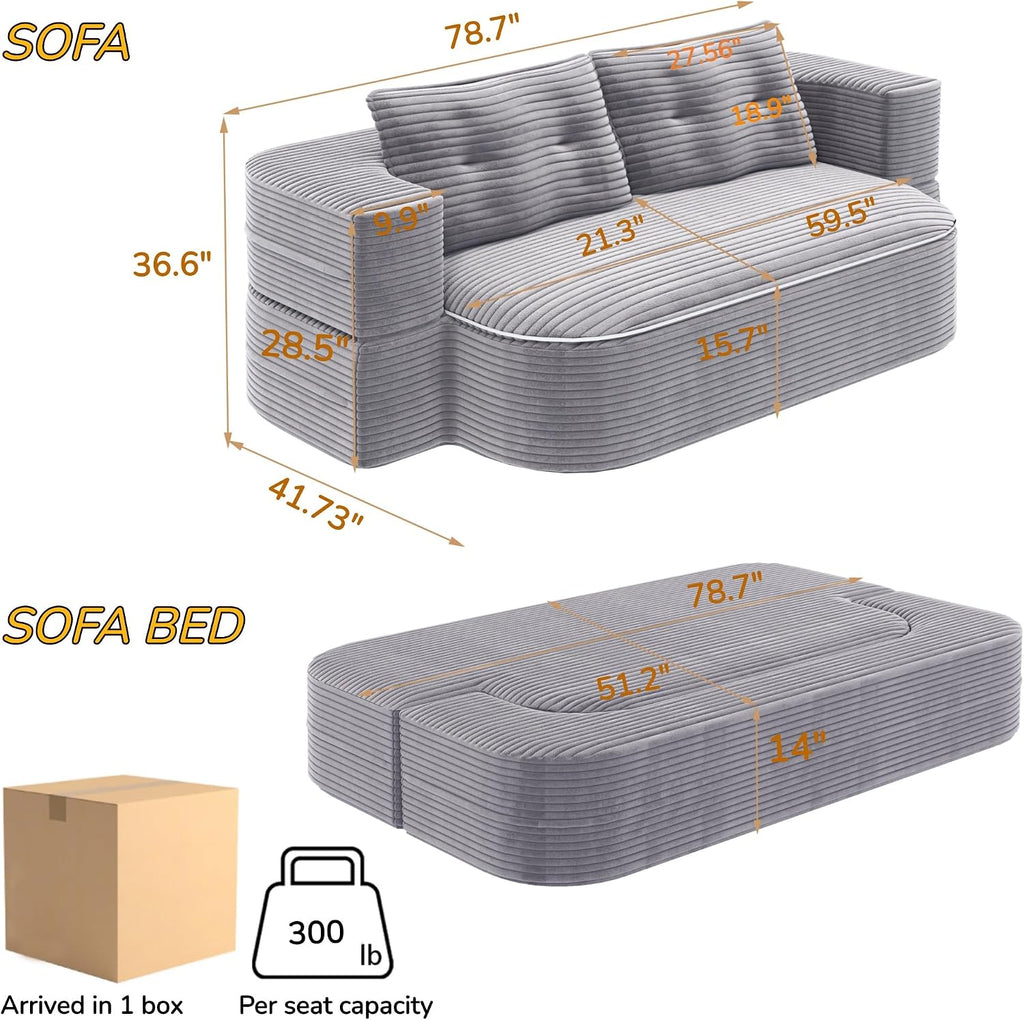 78.7' Convertible Folding Sofa Bed, Queen Sleeper Sofa with Multi Functional Blanket, Corduroy Fabric Floor & Futon Loveseat Couch, Foam Folding Mattress Sleeper for Living Room, Apartment, Light Grey