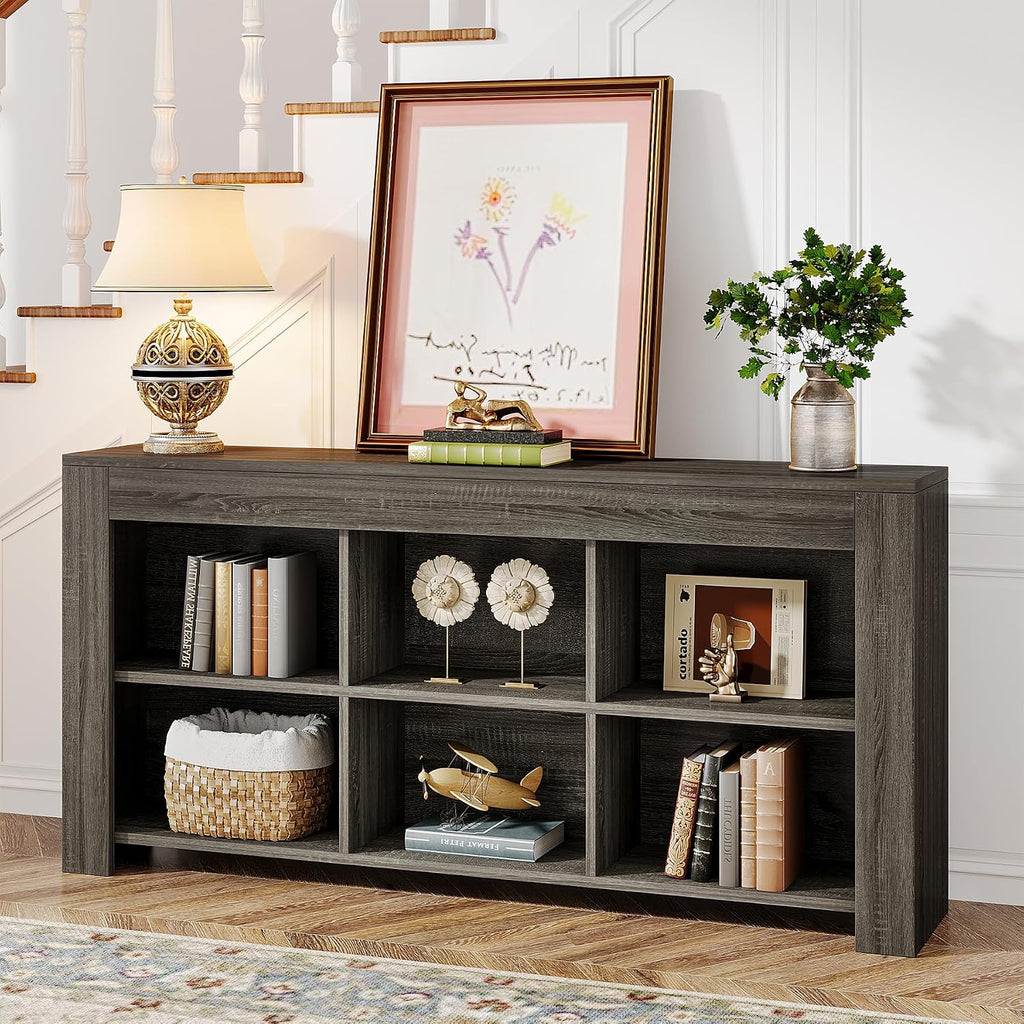 Tribesigns 63-Inch Long Sofa Console Table, Rustic Wood Entryway Table with 6 Storage Cubes for Living Room, Hallway, Behind Couch (Grey)