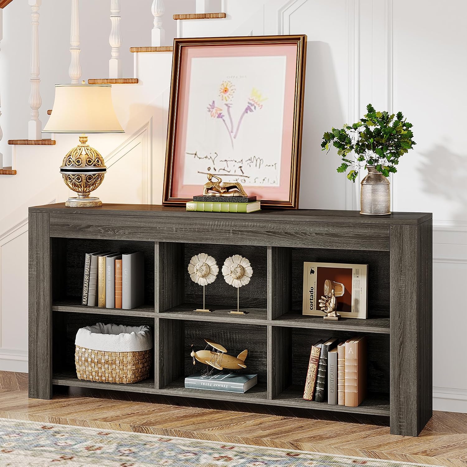 Tribesigns 63-Inch Long Sofa Console Table, Rustic Wood Entryway Table with 6 Storage Cubes for Living Room, Hallway, Behind Couch (Grey)