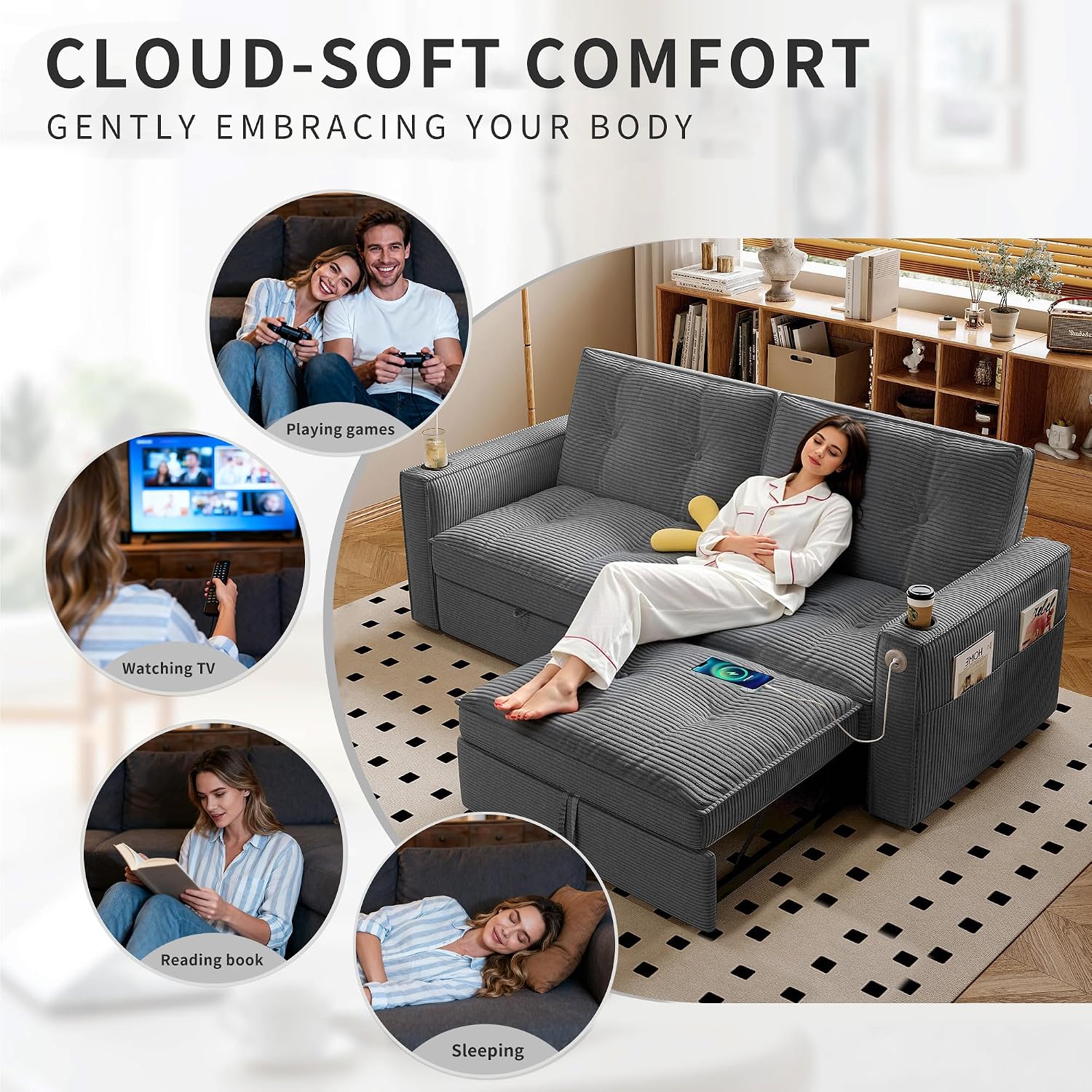 73' Queen Size Sofa Bed, Loveseat Sleeper Sofa with Pull Out Bed, Pockets and USB, Modern 2 Seater Convertible Small Couch for Living Room Bedroom Apartment (Gray, Corduroy)