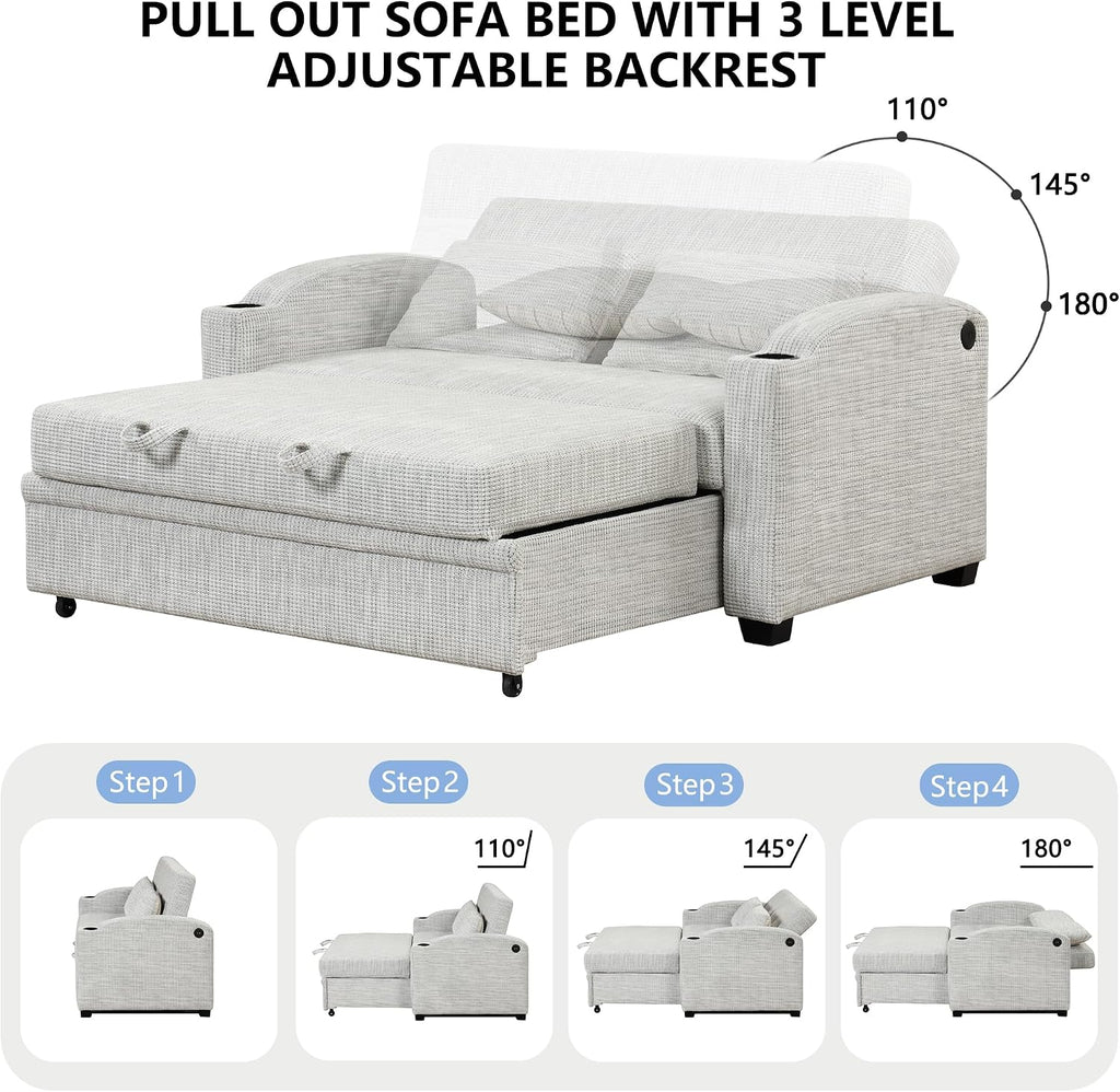 Merax 61.6' Pull Out Sleeper Sofa Bed, Modern Chenille Convertible Loveseat Sofa with Adjsutable Backrest, 2 Pillows, Cup Holders, USB Ports for Living Room, Apartment, White+Gray