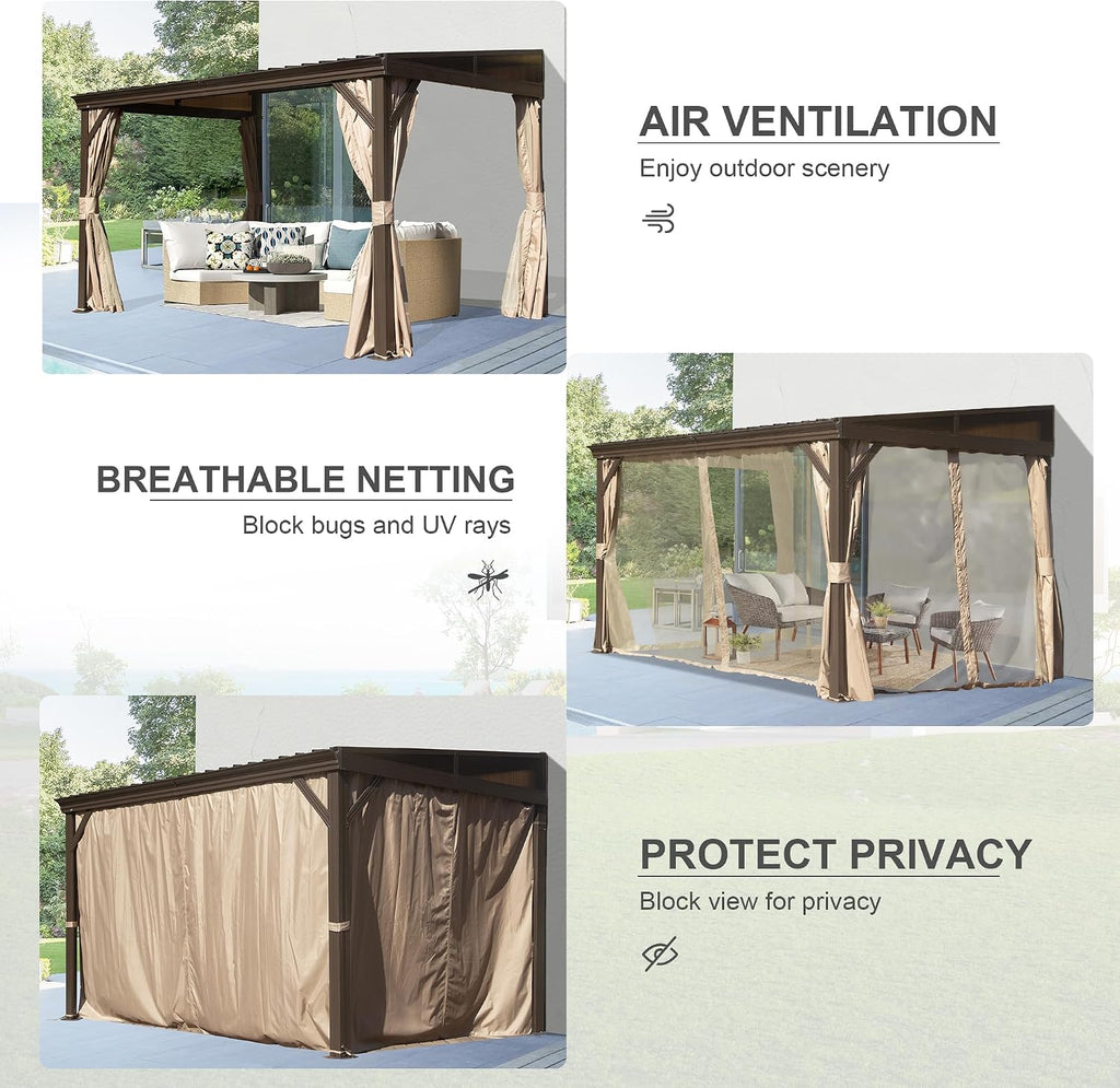 Domi 8x12FT Lean to Gazebo, Hardtop Wall Mounted Gazebo with Sloping Galvanized Steel Roof, Aluminum Frame, Drainage System, Curtains and Netting, for Patio, Deck, Garden, Backyard