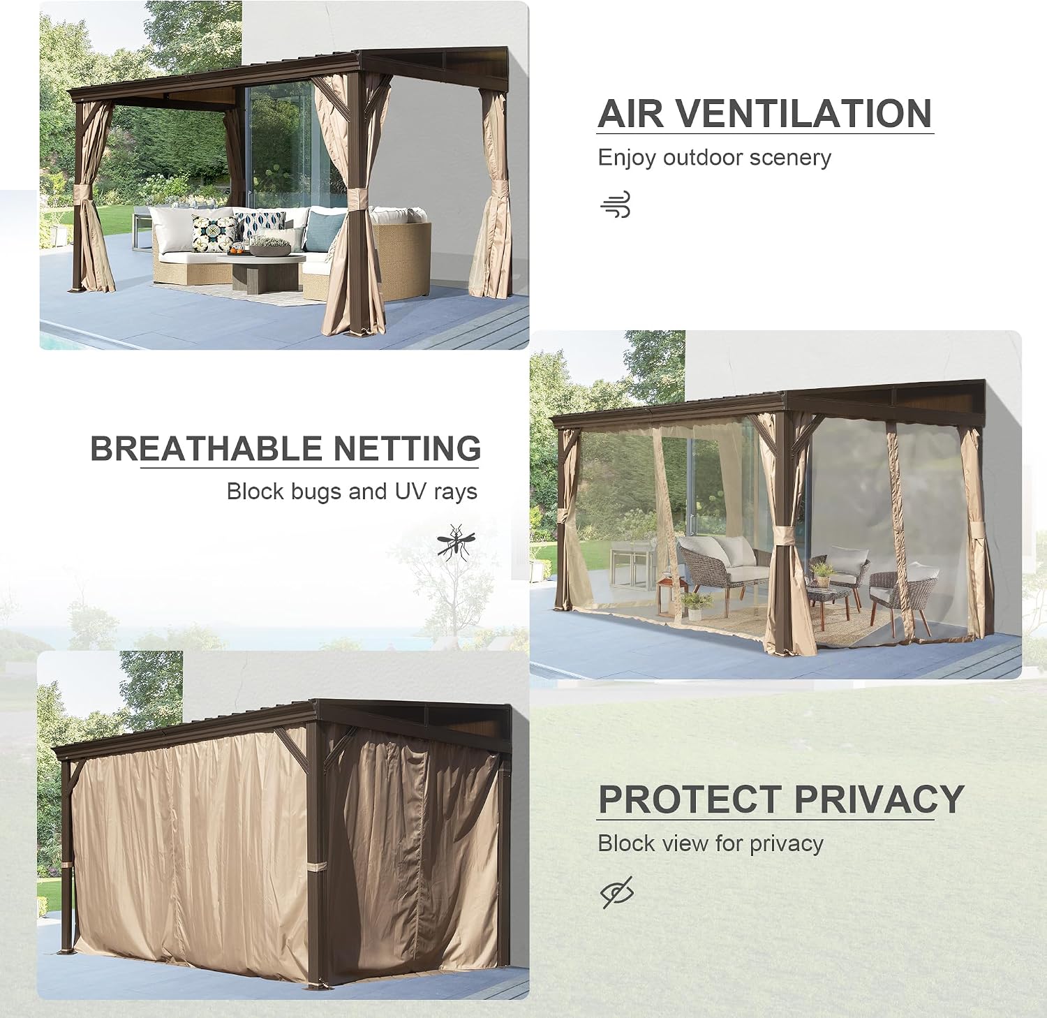 Domi 8x12FT Lean to Gazebo, Hardtop Wall Mounted Gazebo with Sloping Galvanized Steel Roof, Aluminum Frame, Drainage System, Curtains and Netting, for Patio, Deck, Garden, Backyard
