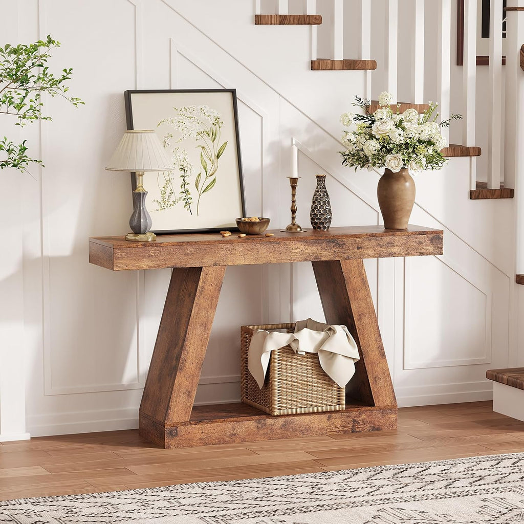 55 Inches Console Table, Sofa Table Behind Couch, 2-Tier Wooden Entry Tables for Entryway Foyer Hallway, Industrial Console Tables with Open Storage Shelf for Living Room
