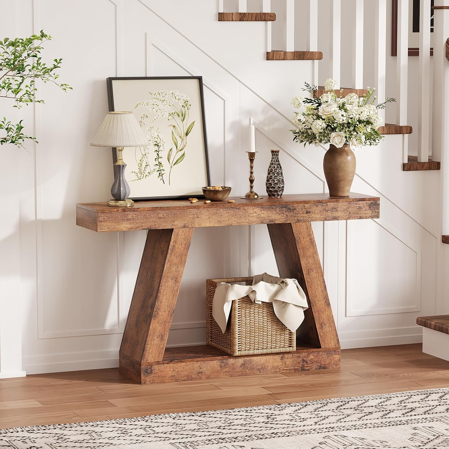 55 Inches Console Table, Sofa Table Behind Couch, 2-Tier Wooden Entry Tables for Entryway Foyer Hallway, Industrial Console Tables with Open Storage Shelf for Living Room