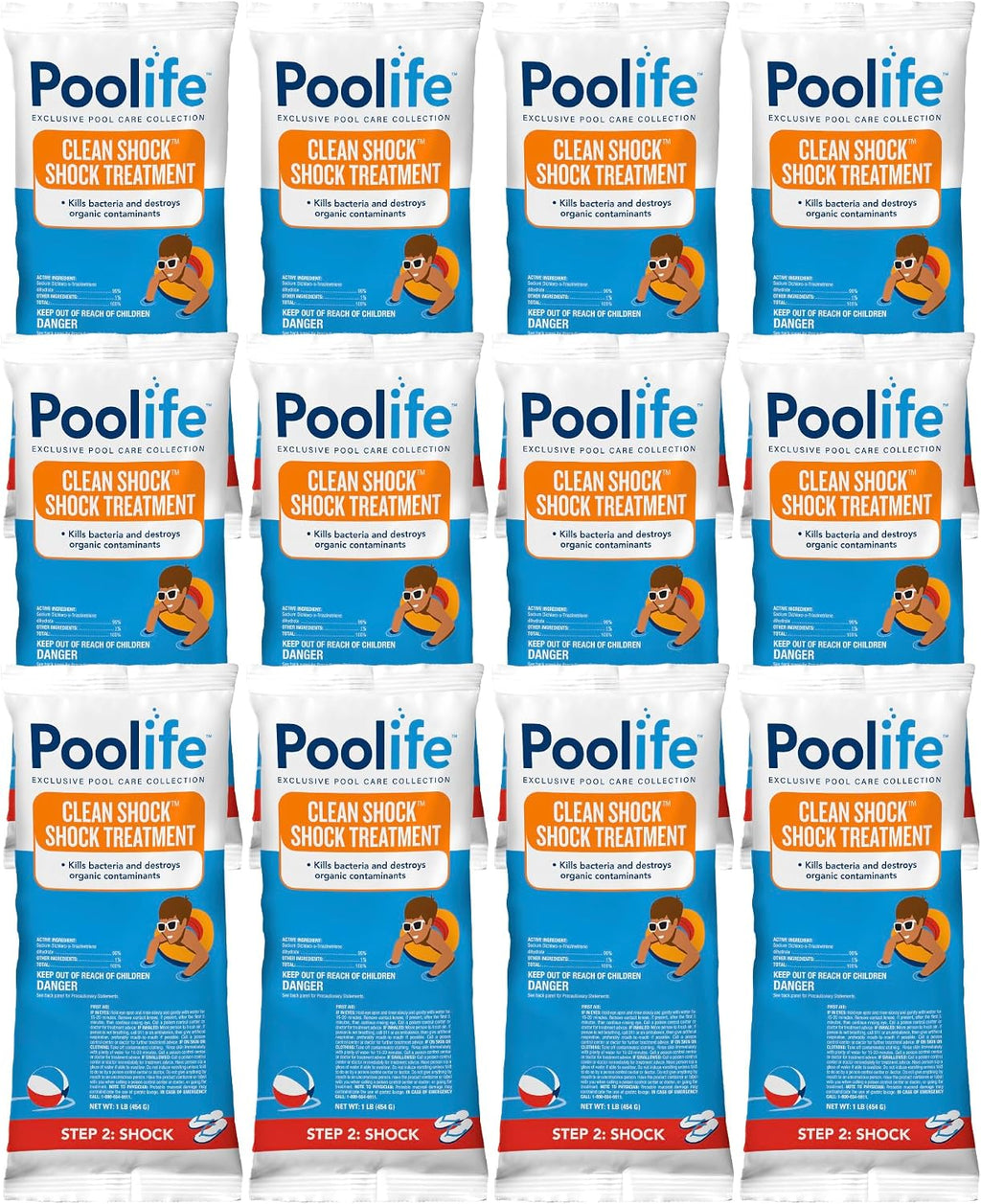Poolife Clean Shock - Shock Pool Treatment - Fast Dissolving Pool Chlorine Granules, Kills Bacteria & Algae, Water Balance Friendly, UV Degradation Resistant Formula - 1 Lb (12 Bags)