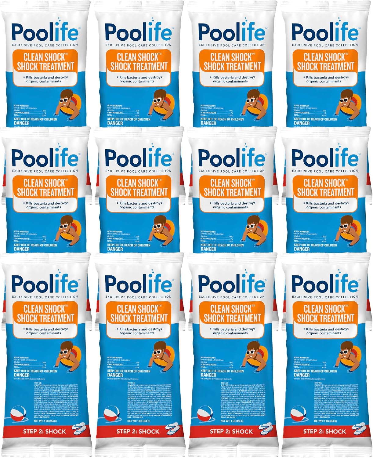Poolife Clean Shock - Shock Pool Treatment - Fast Dissolving Pool Chlorine Granules, Kills Bacteria & Algae, Water Balance Friendly, UV Degradation Resistant Formula - 1 Lb (12 Bags)