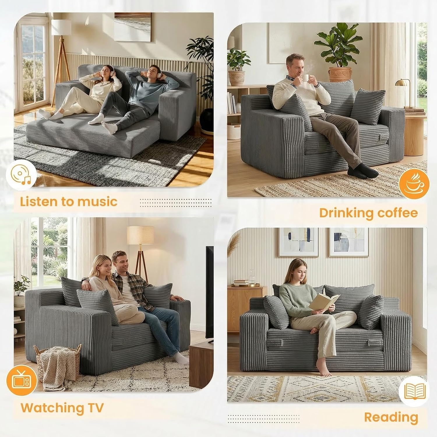 Winzon Boneless Loveseat, 3 in 1 Convertible Sofa Bed Sleeper Sofa Floor Futon Bed with 4 Pillows, 55' Grey Boneless Couch for Living Room, Guest Room, Small Space, No Assembly Required, Corduroy