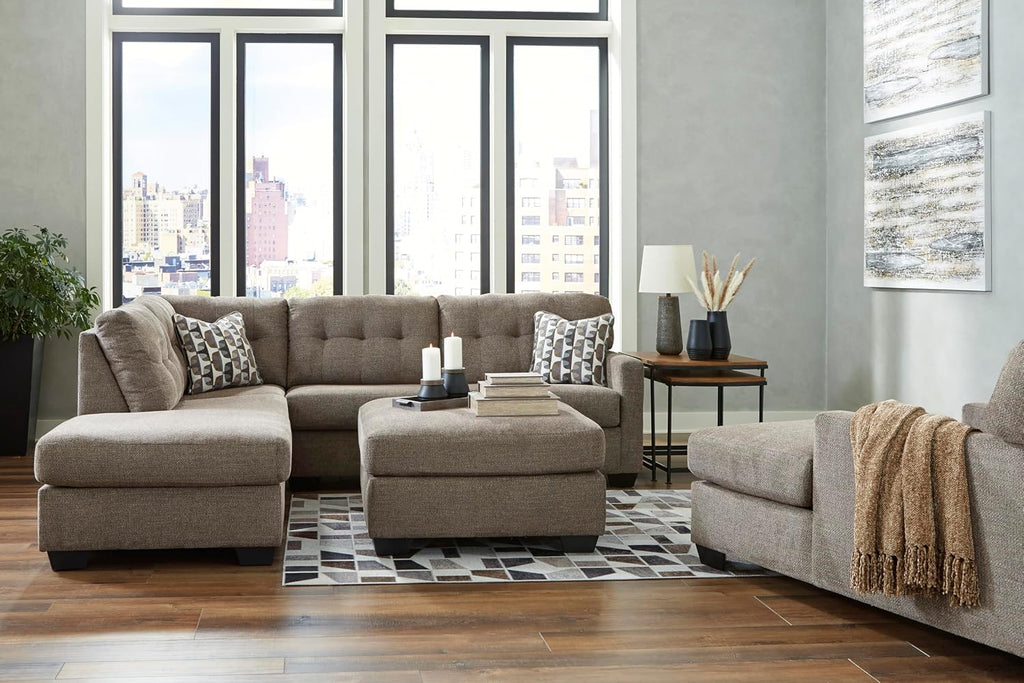 Signature Design by Ashley Mahoney Casual L-Shaped Tufted 2-Piece Sleeper Sectional with Chaise, Bi-Fold Memory Foam Mattress, Loose Seat Cushions and 2 Accent Pillows, Full, Dark Brown