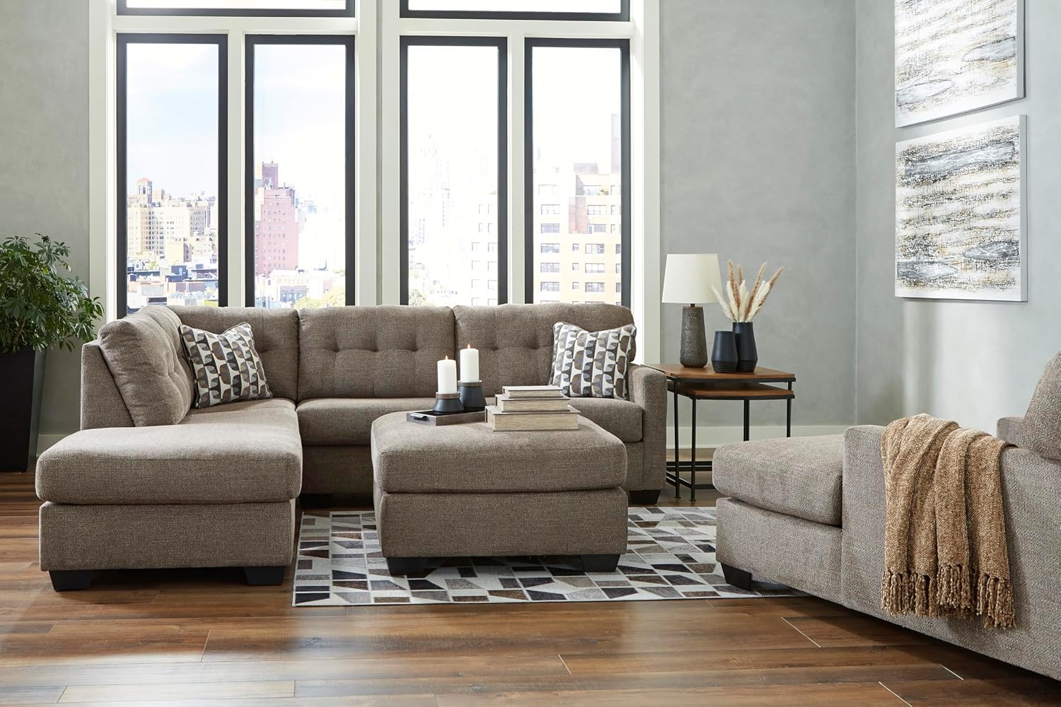 Signature Design by Ashley Mahoney Casual L-Shaped Tufted 2-Piece Sleeper Sectional with Chaise, Bi-Fold Memory Foam Mattress, Loose Seat Cushions and 2 Accent Pillows, Full, Dark Brown