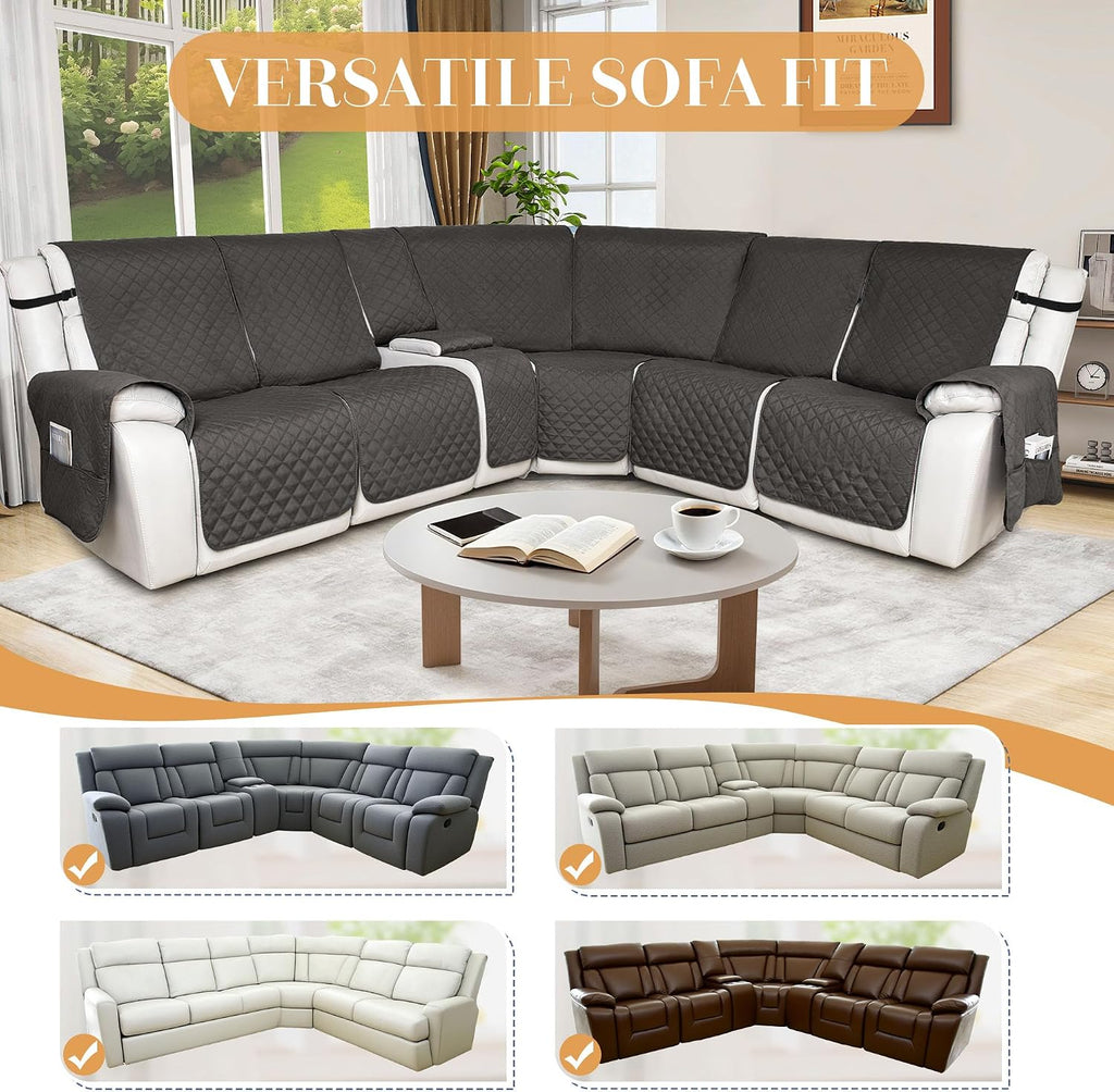HDCAXKJ 100% Waterproof Reclining Sectional Couch Covers L Shape Recliner Sofa Cover Washable Quilted Soft Pet Dog Corner Recliner Slipcovers with Pockets (5 Seat and 1 Middle Console, Charcoal Gray)