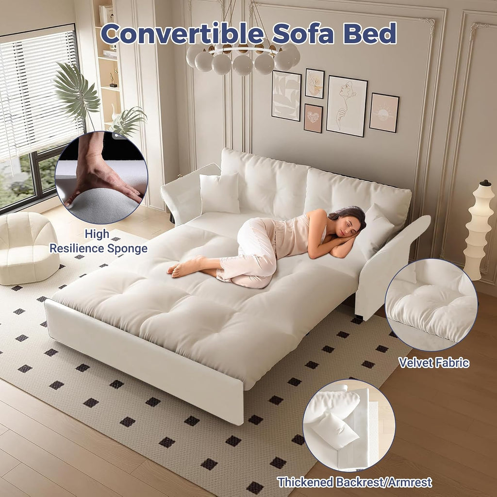 74.8' Queen Size Sleeper Sofa with Pull Out Bed, 3-in-1 Convertible Loveseat Sofa with 2 Pillows, Portable Pull Out Chaise for Living Room Apartment Small Spaces, Beige