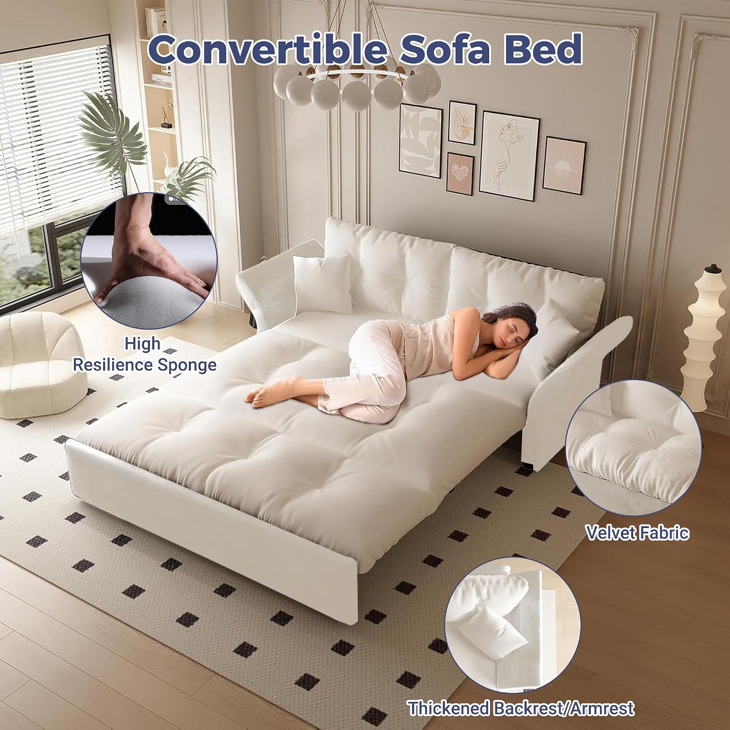 74.8' Queen Size Sleeper Sofa with Pull Out Bed, 3-in-1 Convertible Loveseat Sofa with 2 Pillows, Portable Pull Out Chaise for Living Room Apartment Small Spaces, Beige