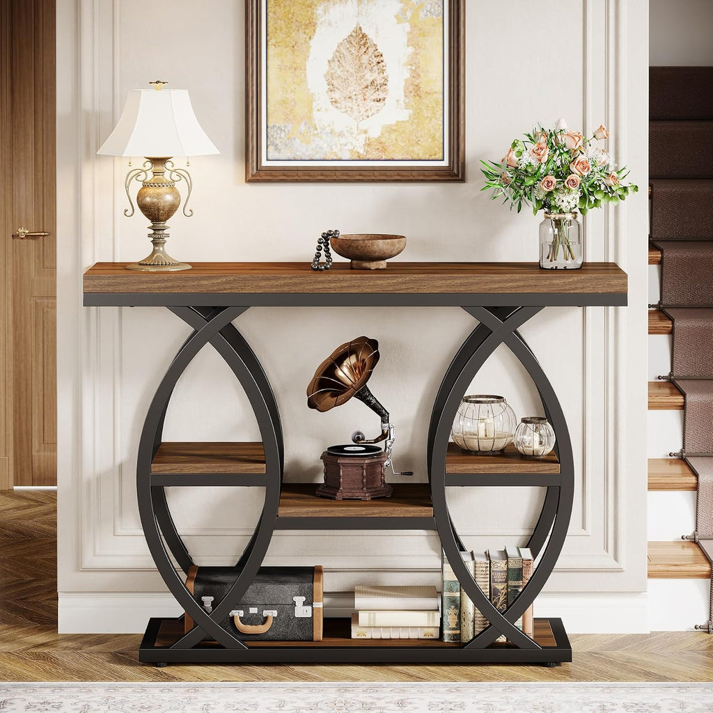 Tribesigns 39.4' Console Table, Industrial 4-Tier Sofa Table Entryway Table with Storage Shelves, Narrow Wood Accent Tables with Metal Frame for Small Spaces, Hallway, Foyer, Rustic Brown