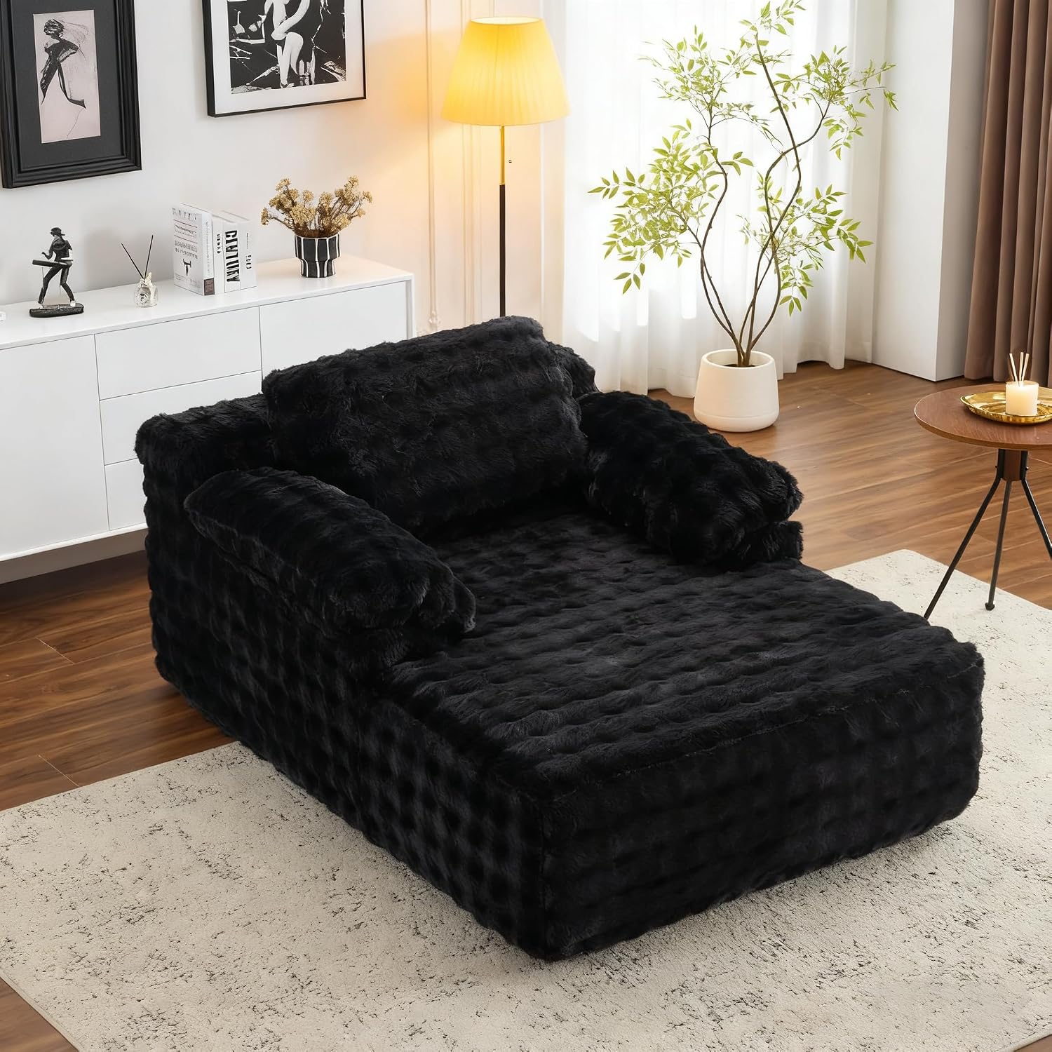 VINGLI Chaise Lounge Chair, Black Boneless Couch Oversized Reading Chair Upholstered Bubble Fleece Cloud Couch Sofa Recliner Bed Comfy Sleeper Couches for Living Room, Movie Room, Bedroom