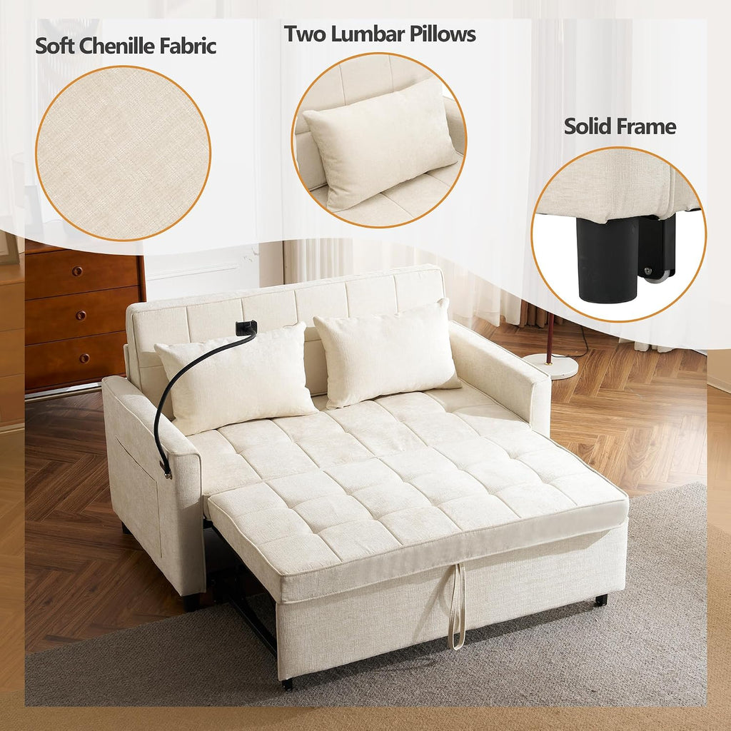 3 in 1 Convertible Sleeper Sofa Bed, 56.9' Small Pull Out Couch Bed with Adjustable Backrest, Chenille Loveseat Couches with Side Pocket, USB Ports&Phone Holder for Small Places (Beige)