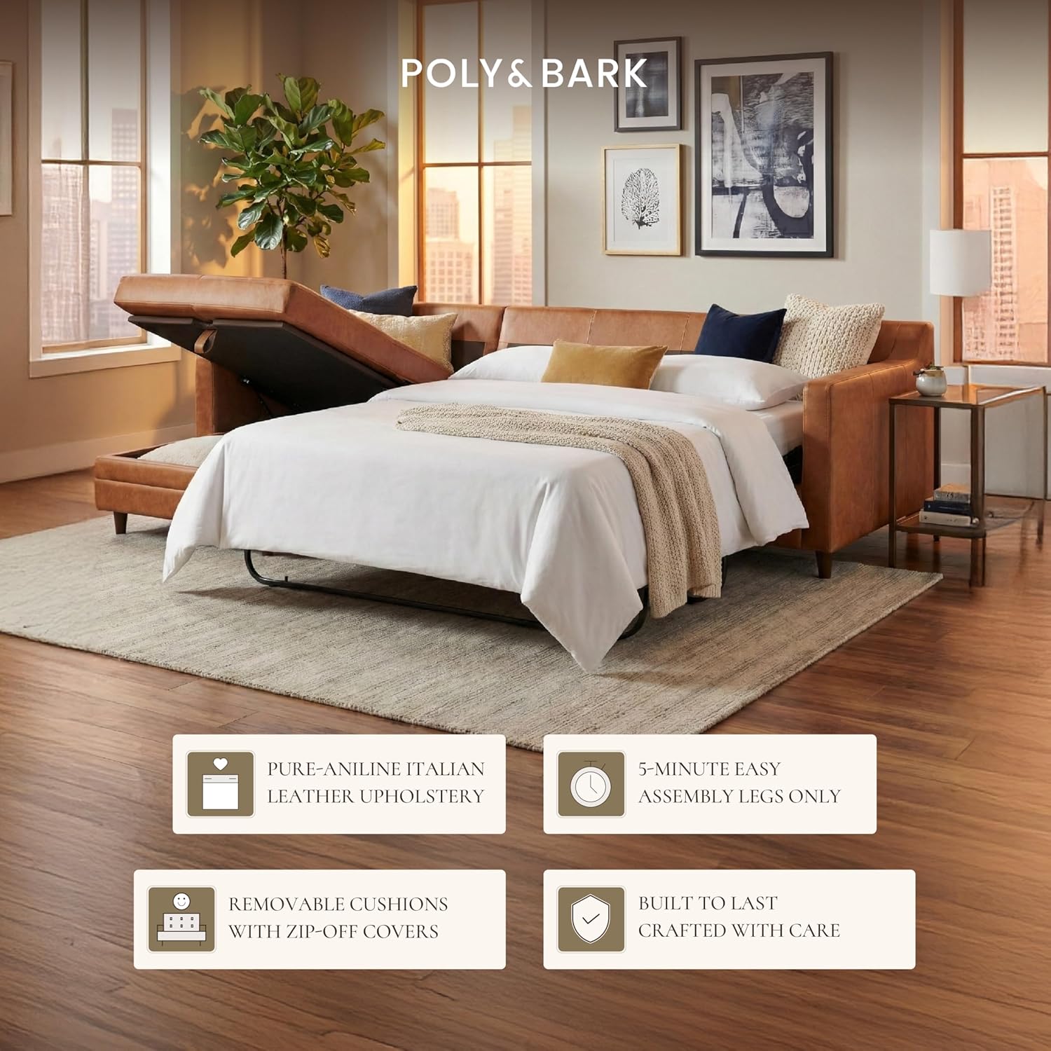 Poly & BARK Harper Left-Facing Leather Sleeper Sectional Sofa Cognac Tan– Full-Grain Aniline Leather, Sculptural Silhouette, Walnut-Finished Legs – Modern Statement Sofa for Living Spaces