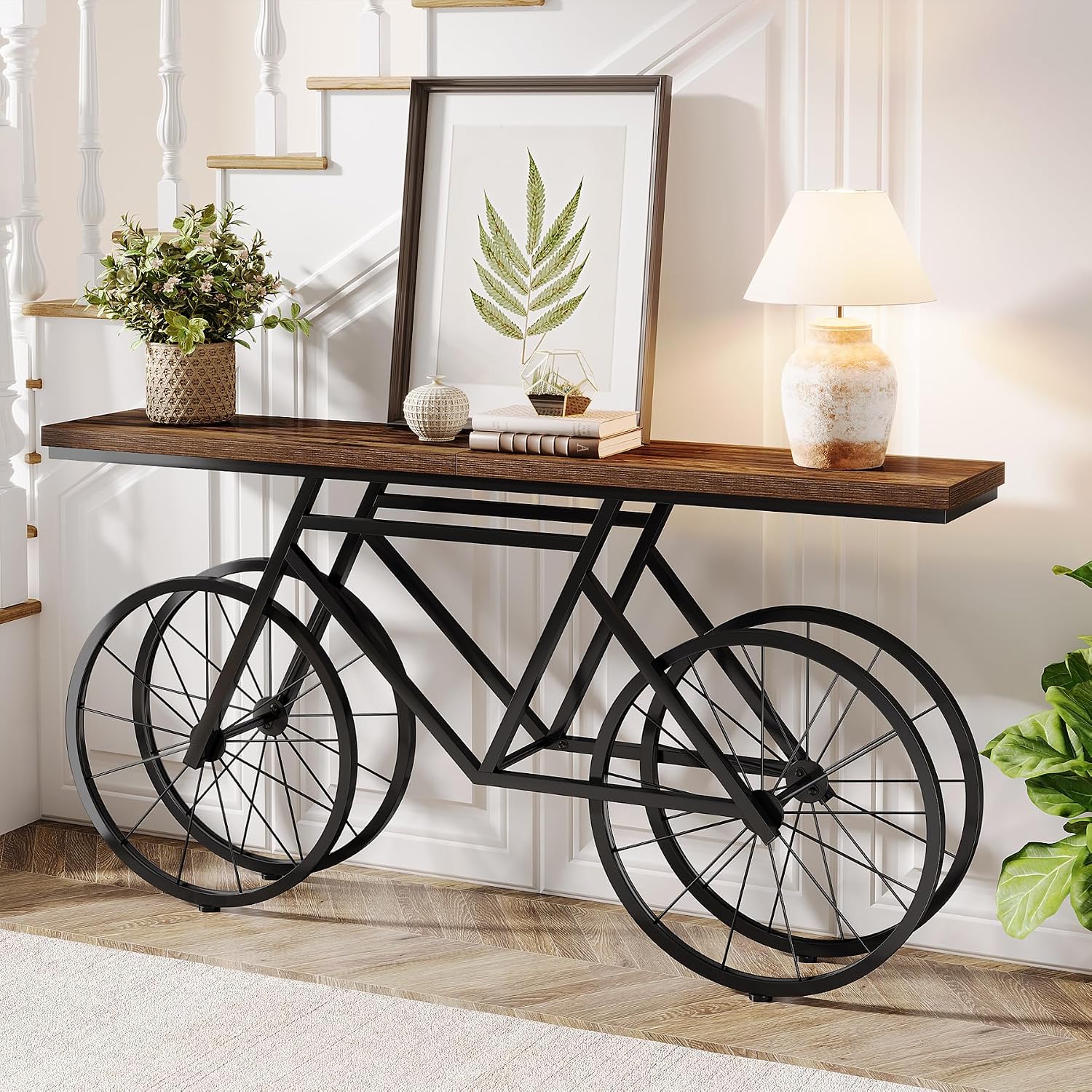 Tribesigns 70.9-Inch Extra Long Console Table, Narrow Sofa Table with Bicycle Metal Base, Modern Industrial Entryway Table Behind Couch Table for Living Room, Hallway, Entrance, Foyer, Rustic Brown