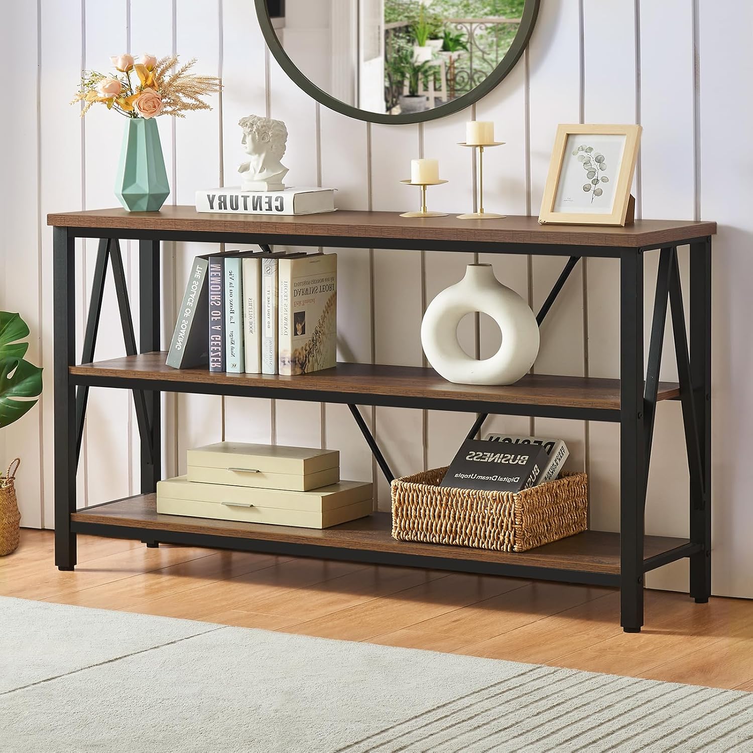 HOMISSUE Entryway Console Table, Rustic Couch with Wide Storage, Industrial Sofa Tables with 3-Tier Open Shelves, Entryway Table for Living Room, Hallway, Brown, 55 Inch