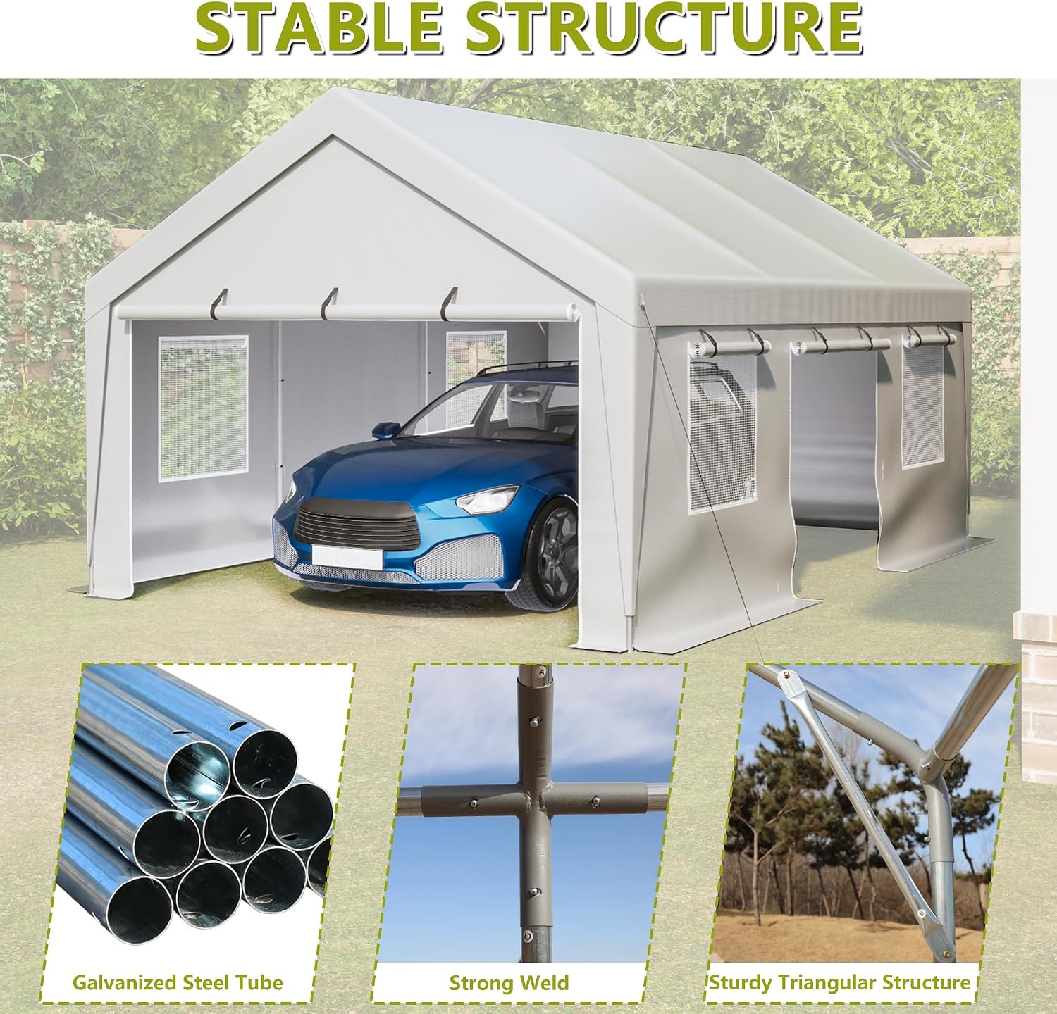 Aprilsoul Outdoor 13x20 FT Carport, Duty Canopy Storage Shed with Mesh Windows and Galvanized Steel Tube, All-Season Tarp, Wide Range of Appliaction for Car, Boat and Reunion, White