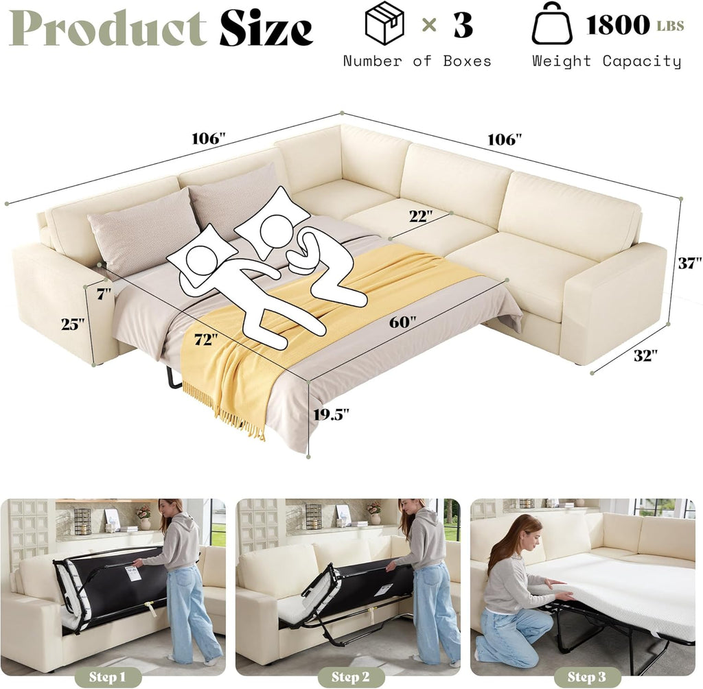 AMERLIFE 106' Oversized Sofa Bed, Sectional Sleeper Sofa with Pull Out Bed, 3 in 1 Convertible Sofa Bed, L Shaped Couch with Storage, High Resilience Mattress, Chenille Beige