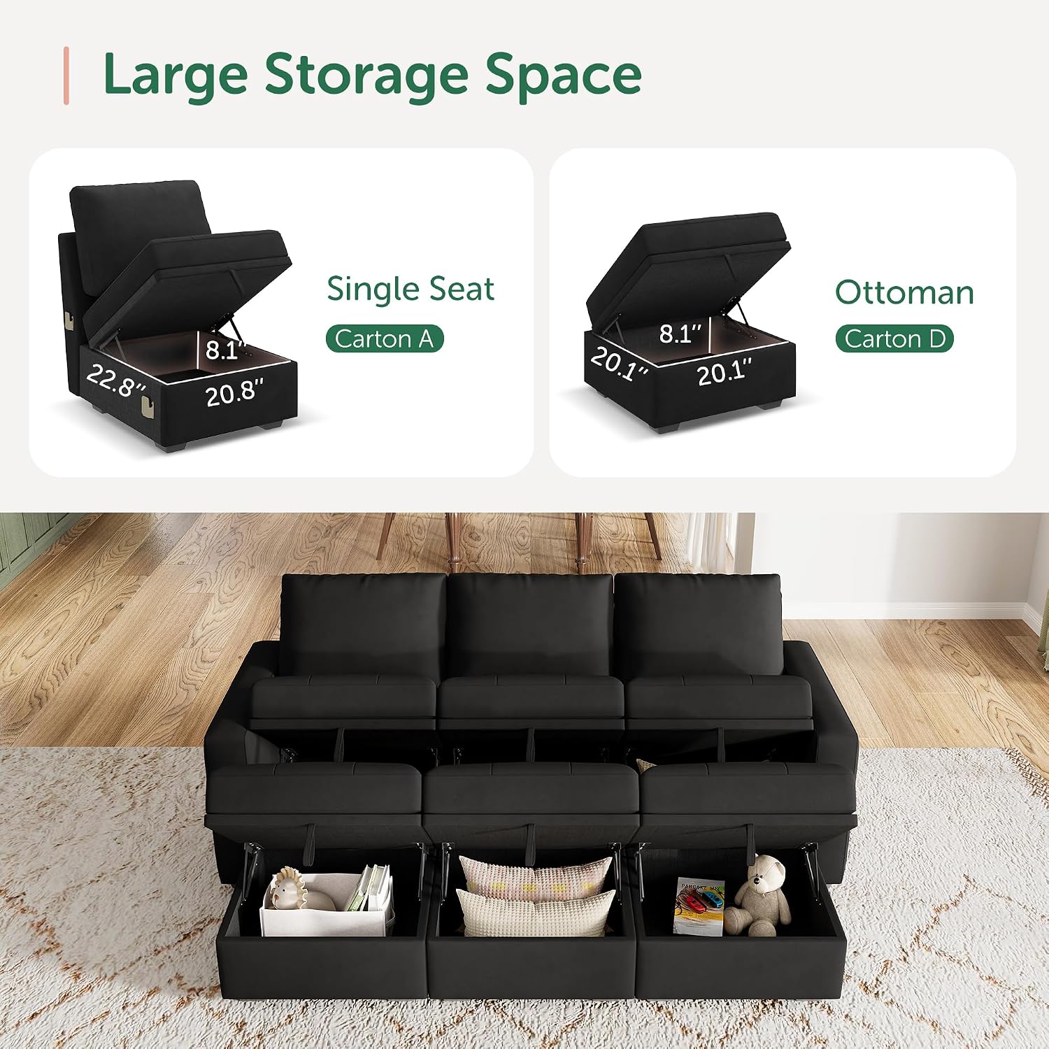 HONBAY Modular Sectional Sleeper Sofa, Sleeper Couch with Storage Seats Oversized Sectional Couches for Living Room,Black