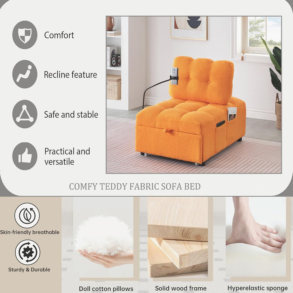 Majnesvon Modern Teddy Fabric Sofa Bed Futon,3 in 1 Convertible Pullout Bed Couches with 3 Reclining Backrests,Phone Stand,Small Sofa Single Sleeper Chair Bed for Living Room Bedroom (Orange)