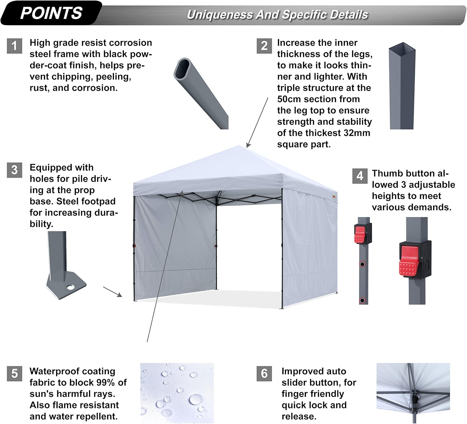 ABCCANOPY Easy Pop up Canopy Tent with 2 Sidewalls for Outdoor Sun Blocking or Rain Protection, 8x8, White