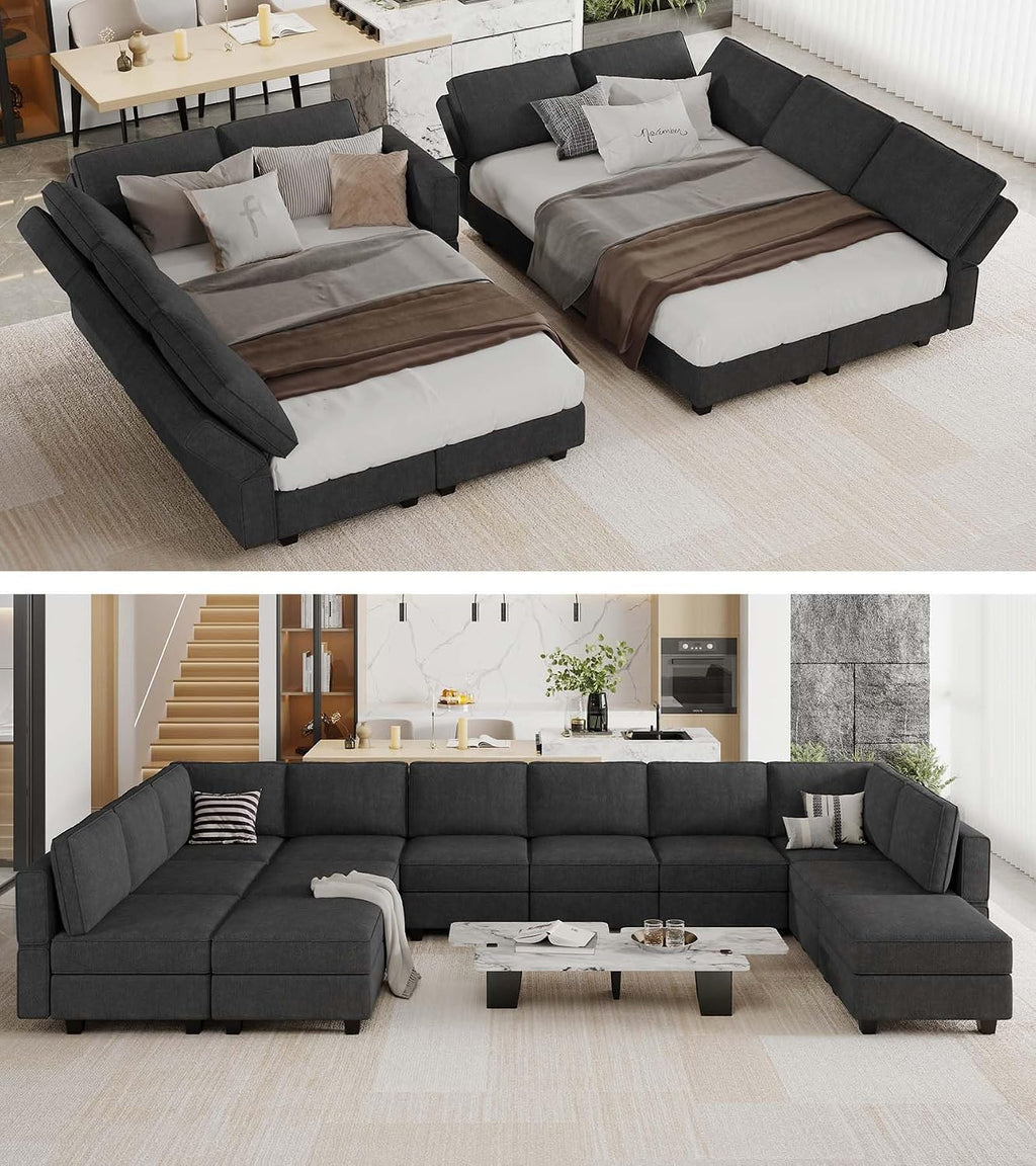 Belffin Large Modualr Sectional Sleeper Sofa Bed Oversized U Shaped Sectional Couch Set with Storage. Black Couch