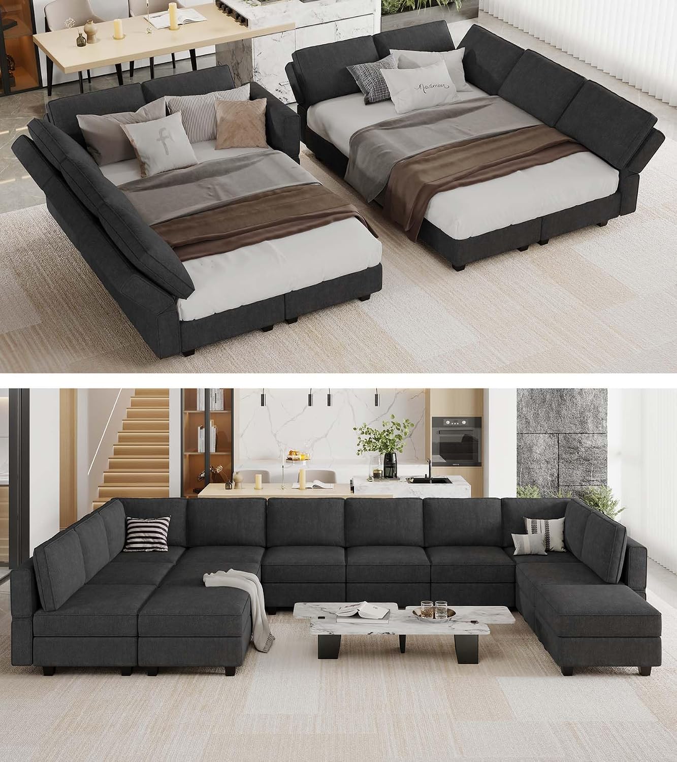Belffin Large Modualr Sectional Sleeper Sofa Bed Oversized U Shaped Sectional Couch Set with Storage. Black Couch