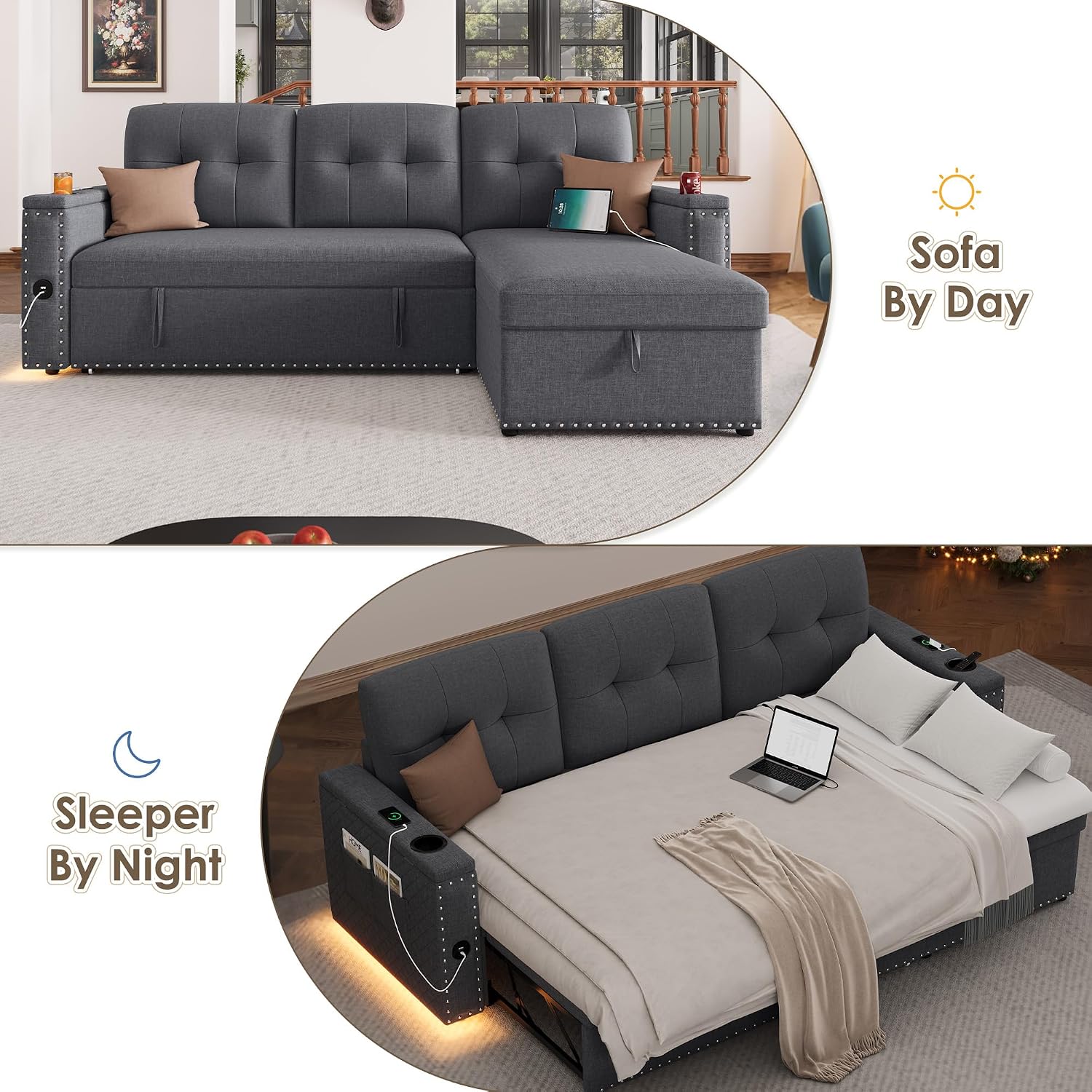 HIFIT Sleeper Sofa Bed- 81' L Shaped Pull Out Couches for Living Room with Storage Chaise, 2 Storage Armrest, LED Light&USB Port&Cupholder, Modern Linen Sectional Home Sofa Living Room Furniture, Grey